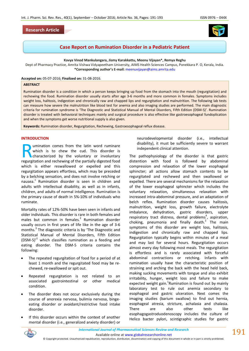 Case Report on Rumination Disorder in a Pediatric Patient