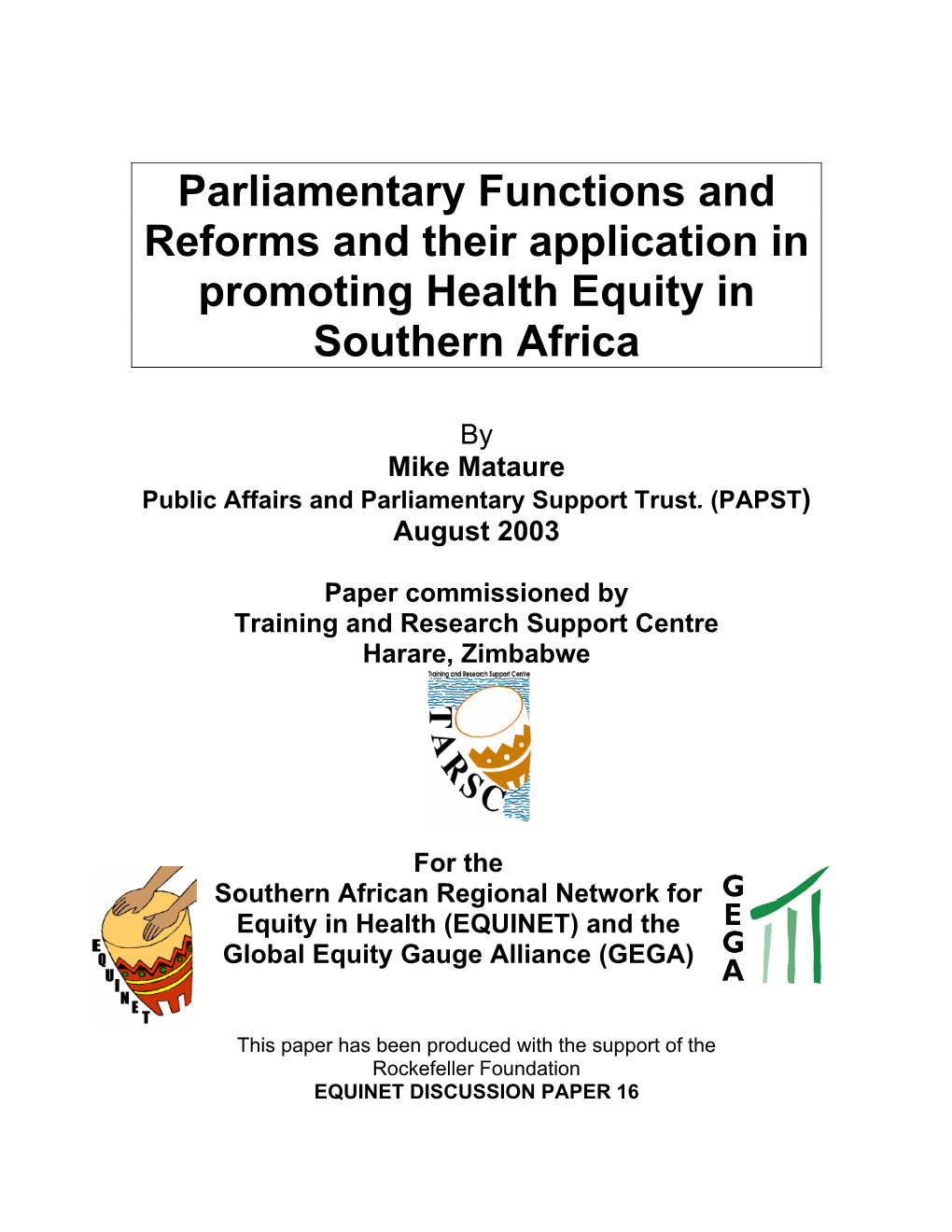 Parliamentary Functions and Reforms and Their Application in Promoting Health Equity in Southern Africa