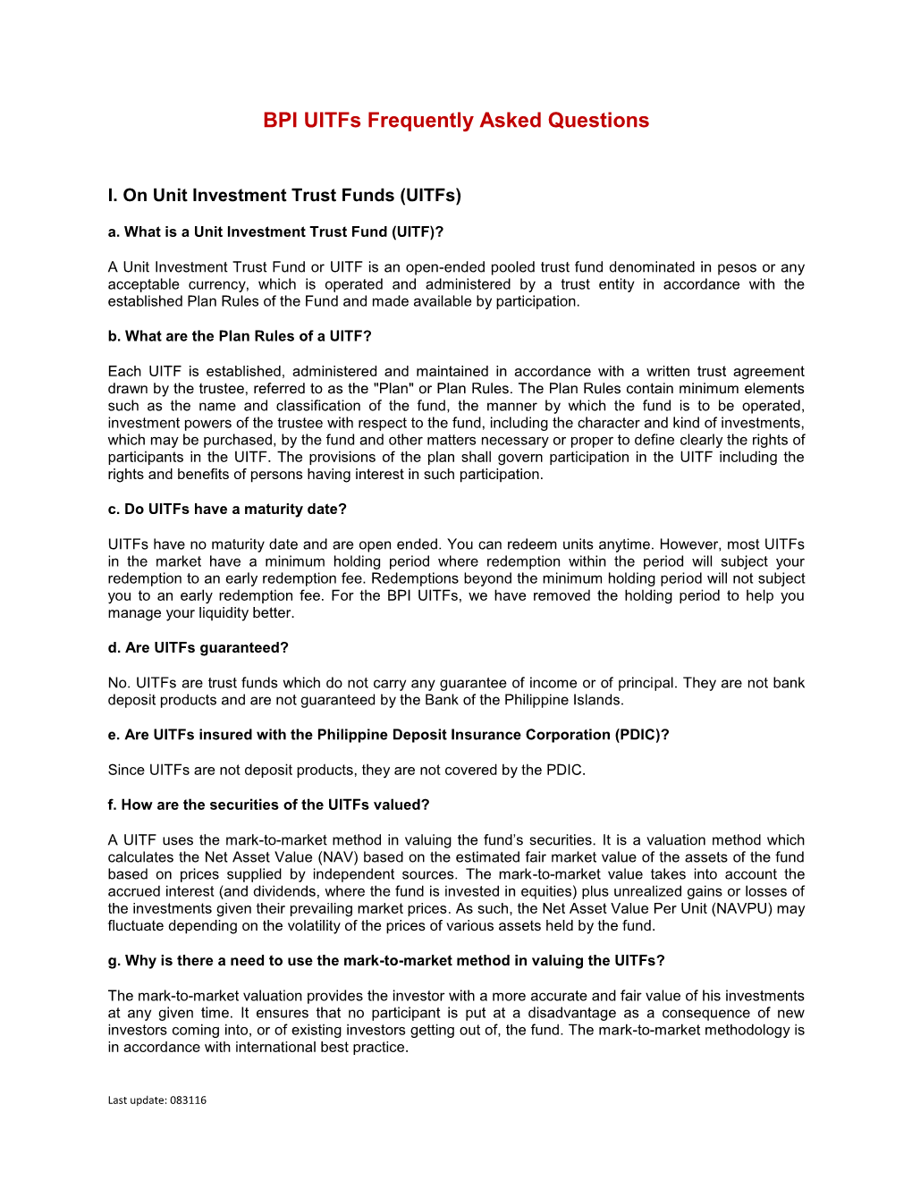 I. on Unit Investment Trust Funds (Uitfs) A