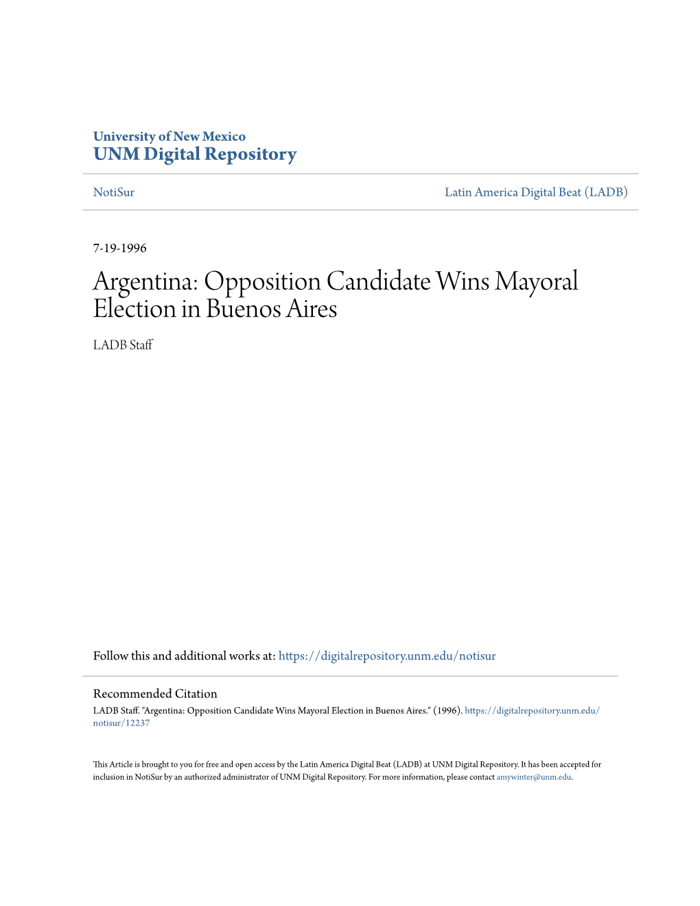 Opposition Candidate Wins Mayoral Election in Buenos Aires LADB Staff