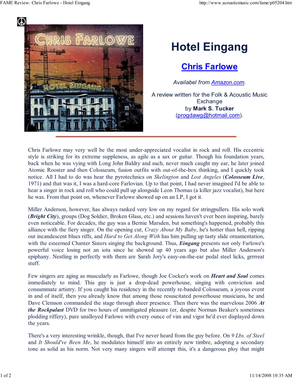 FAME Review: Chris Farlowe - Hotel Eingang