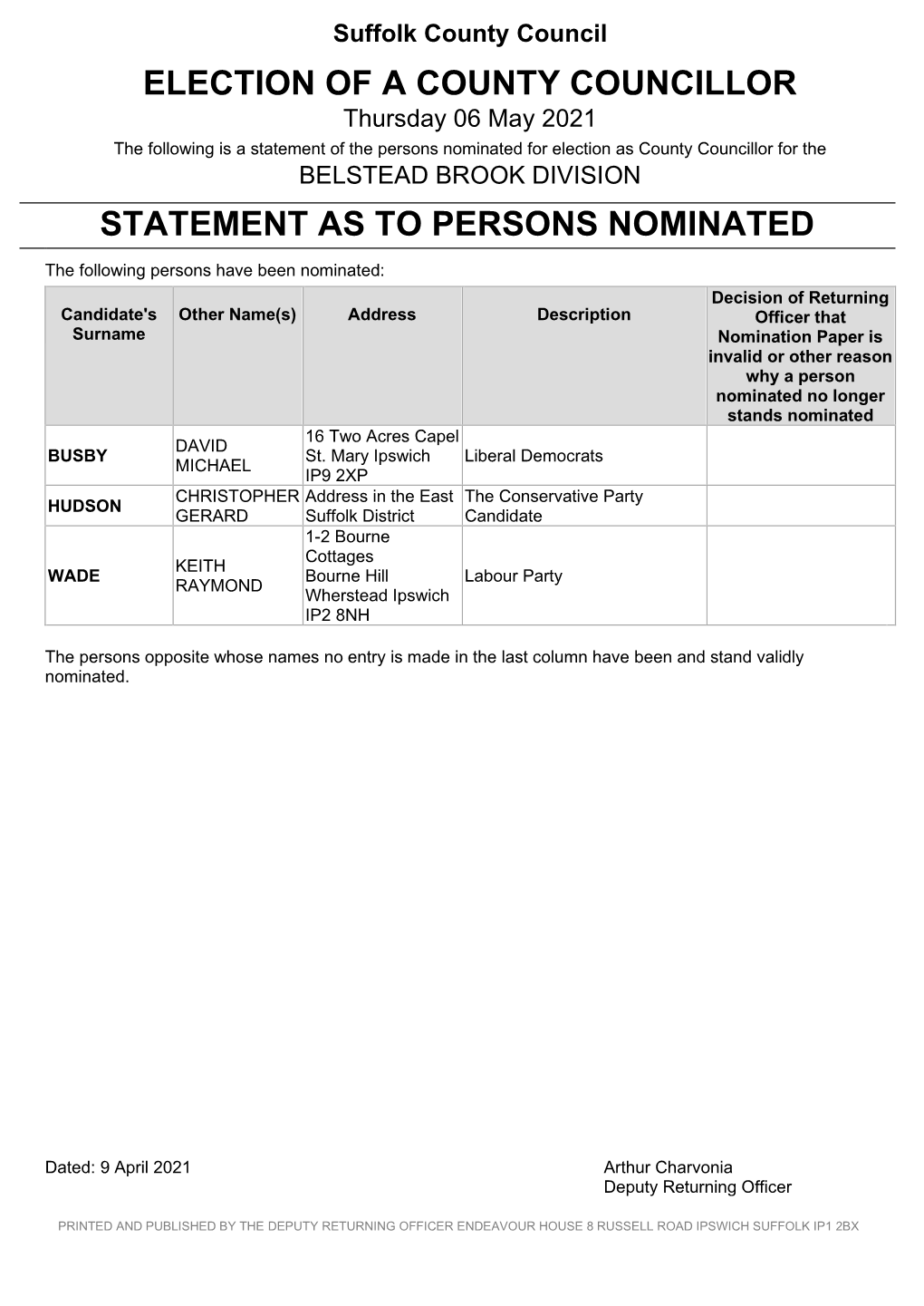 Election of a County Councillor Statement As To