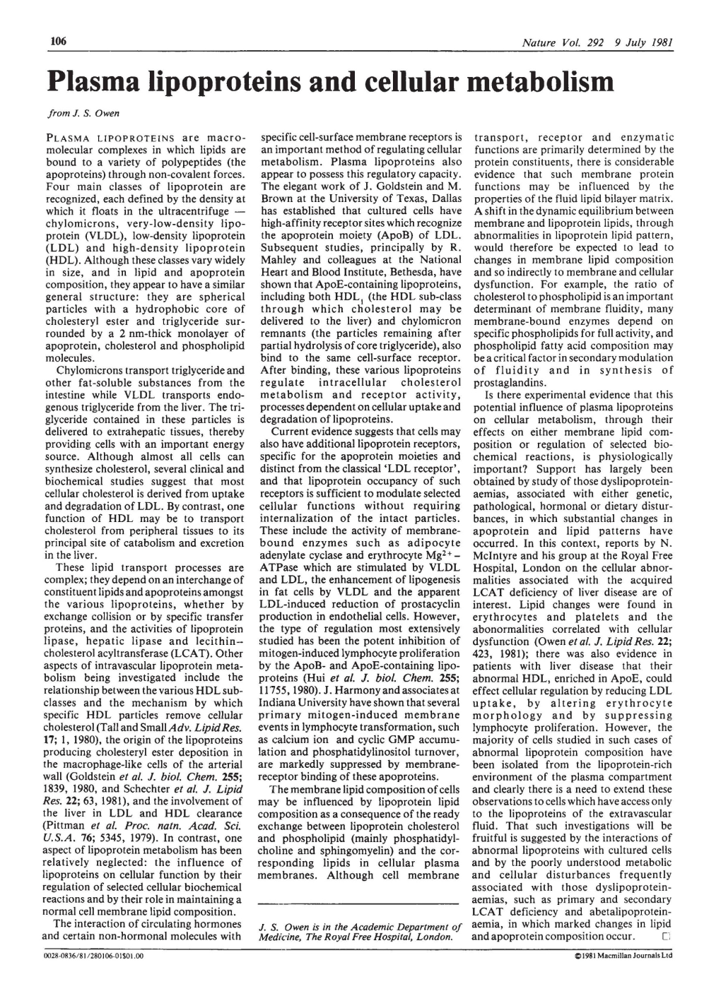 Plasma Lipoproteins and Cellular Metabolism