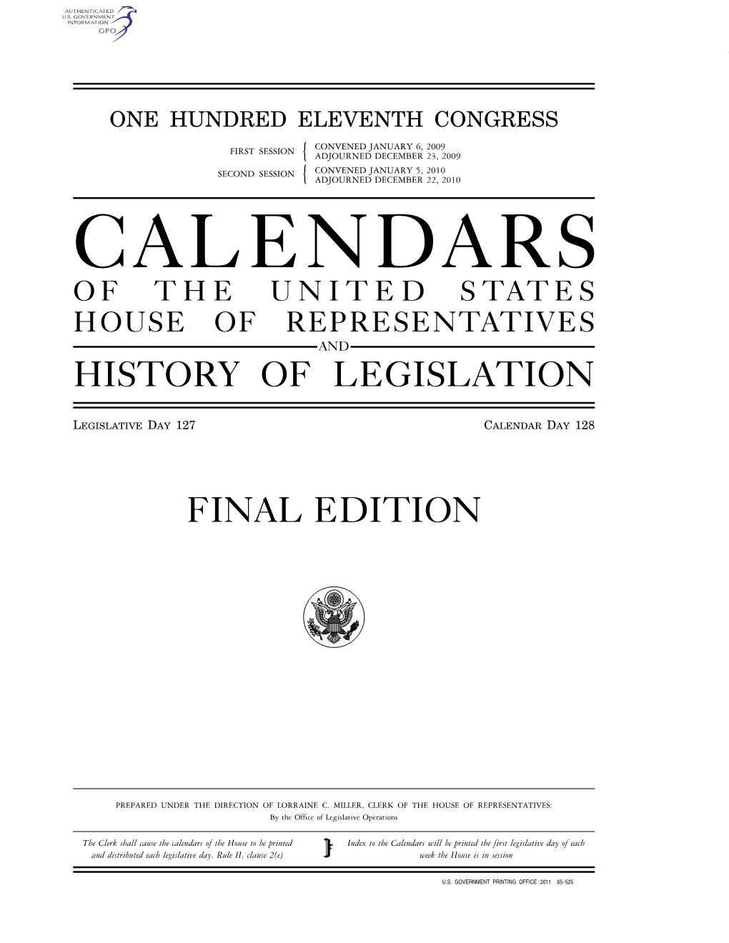 Calendars of the United States House of Representatives and History of Legislation