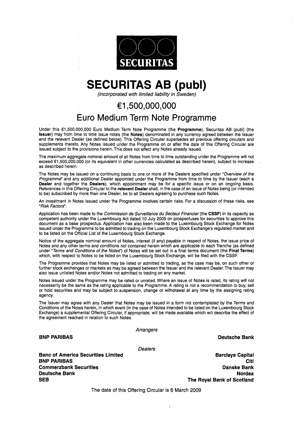 SECURITAS AB (Publ) (Incorporated with Limited Liability in Sweden) €1,500,000,000 Euro Medium Term Note Programme