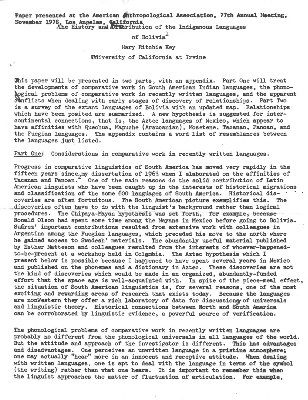 •The History Andjdtsfcribution of the Indigenous Languages of Bolivia^ Mary Ritchie Key University of California at Irvine