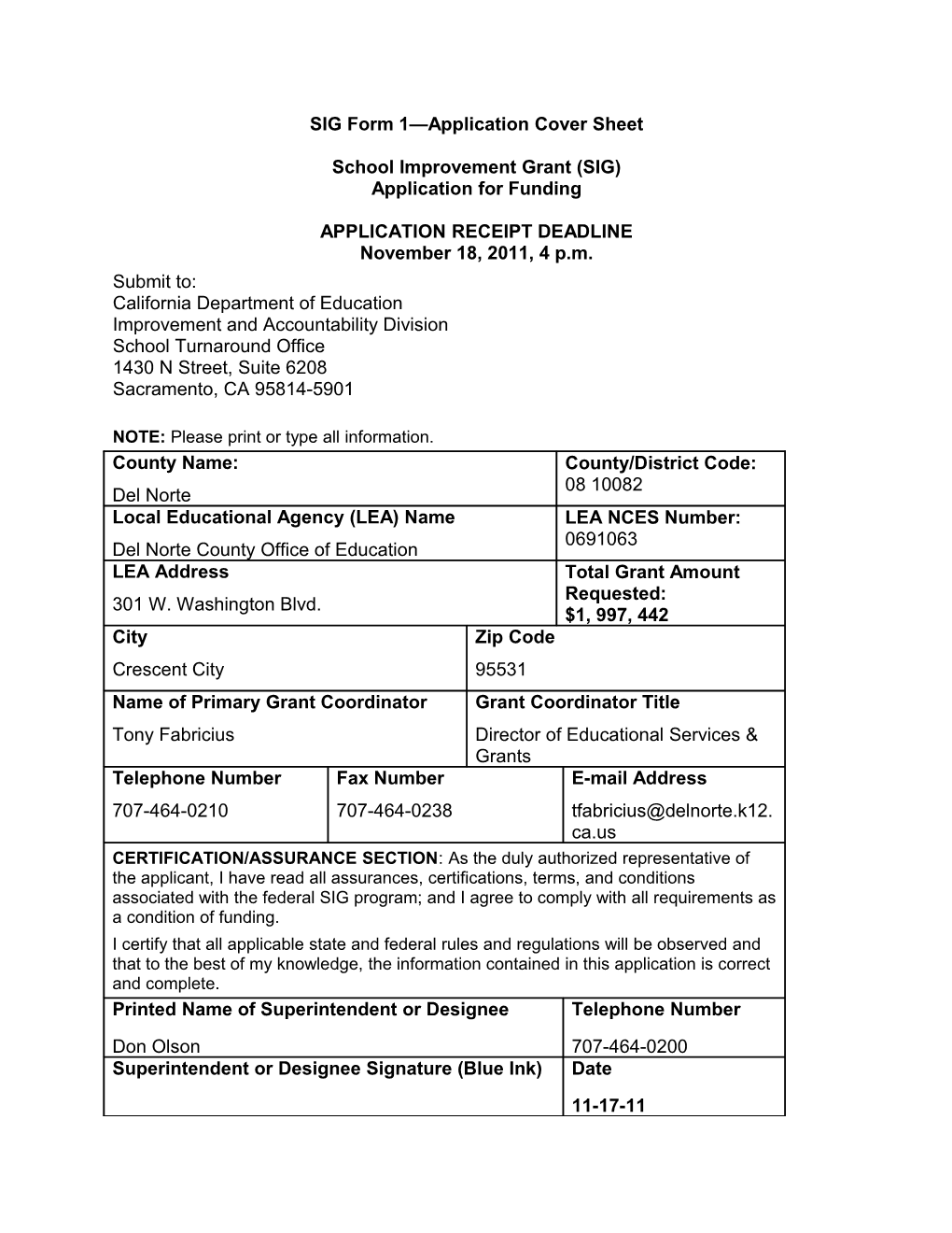 SIG Cohort 2 Application for Del Norte COE - Title I (CA Dept of Education)