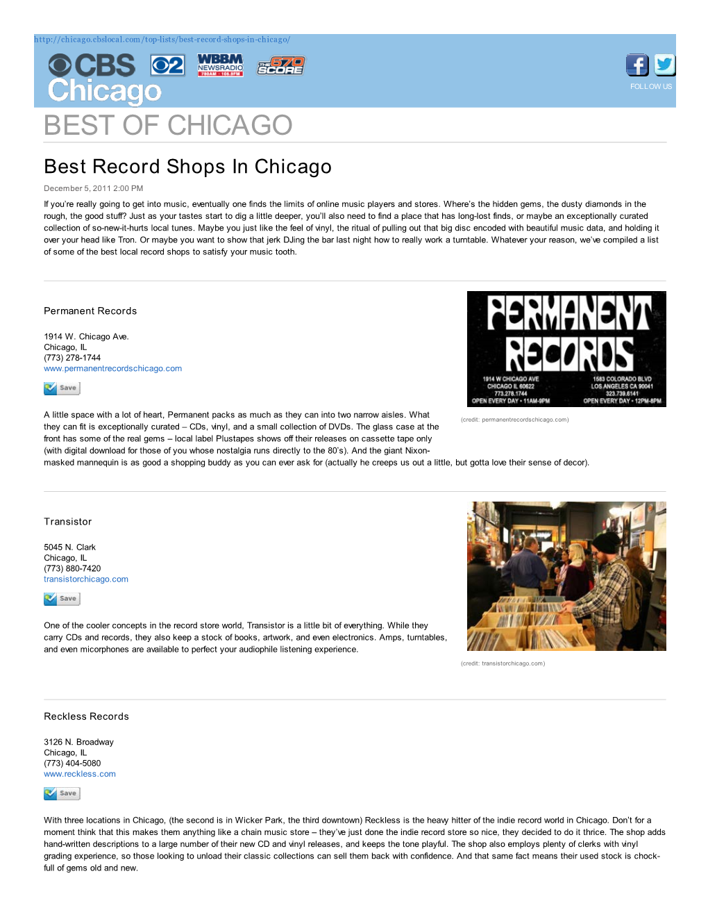 Best Record Shops in Chicago December 5, 2011 2:00 PM If You’Re Really Going to Get Into Music, Eventually One Finds the Limits of Online Music Players and Stores