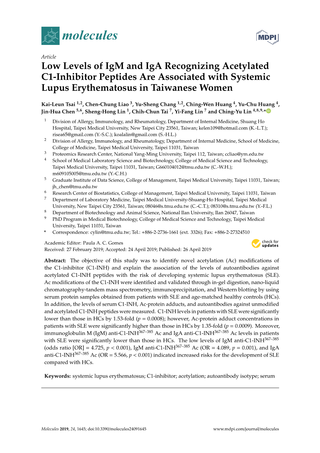 Low Levels of Igm and Iga Recognizing Acetylated C1-Inhibitor Peptides Are Associated with Systemic Lupus Erythematosus in Taiwanese Women