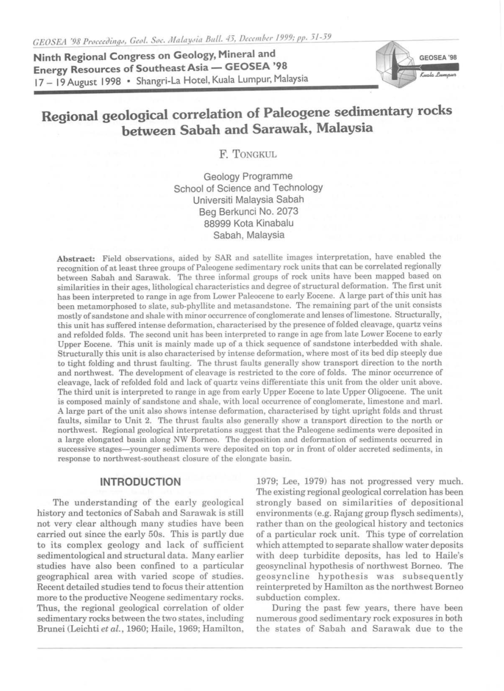 Regional Geological Correlation of Paleogene Sedimentary Rocks Between Sabah and Sarawak, Malaysia