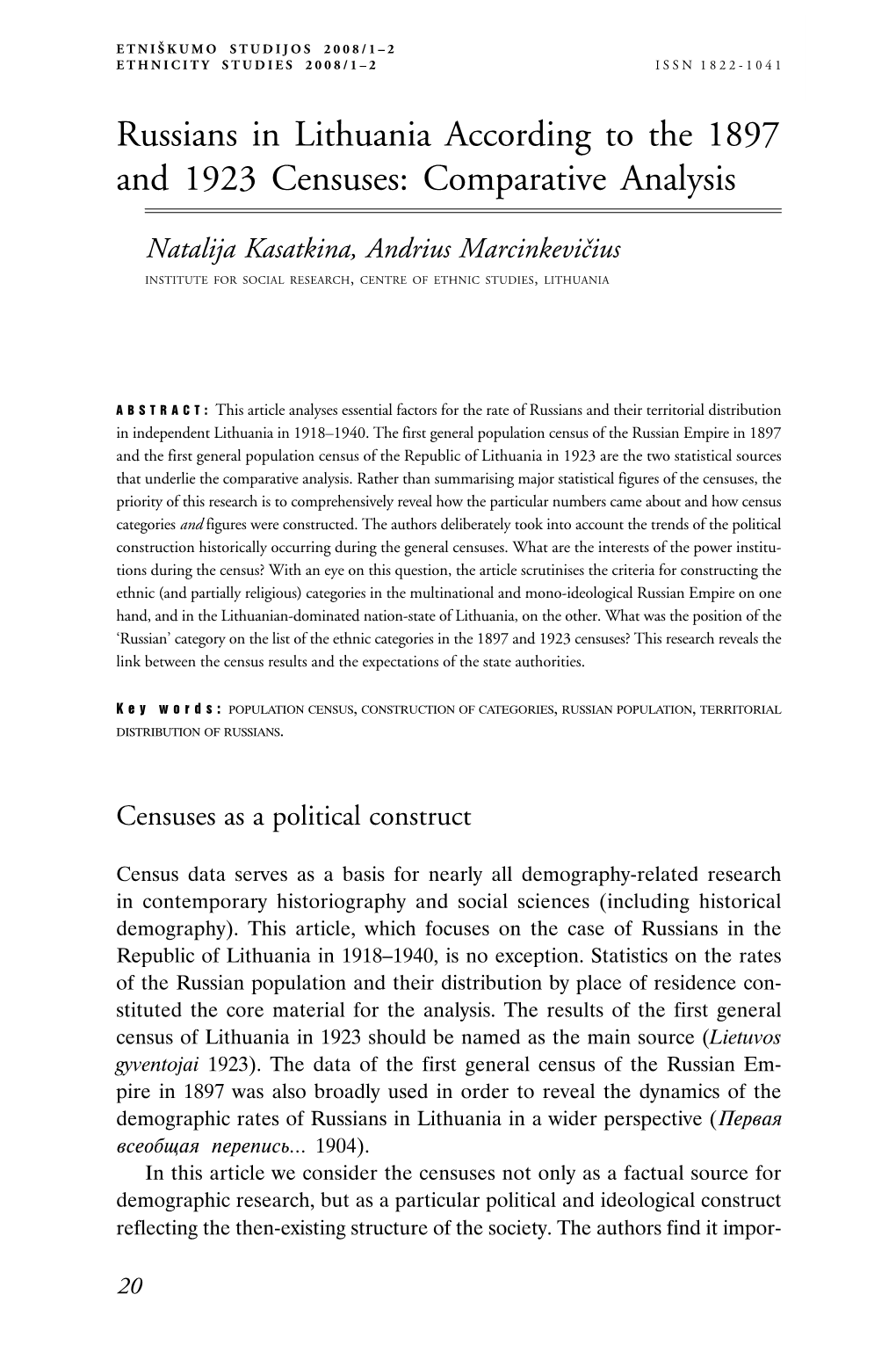 Russians in Lithuania According to the 1897 and 1923 Censuses: Comparative Analysis