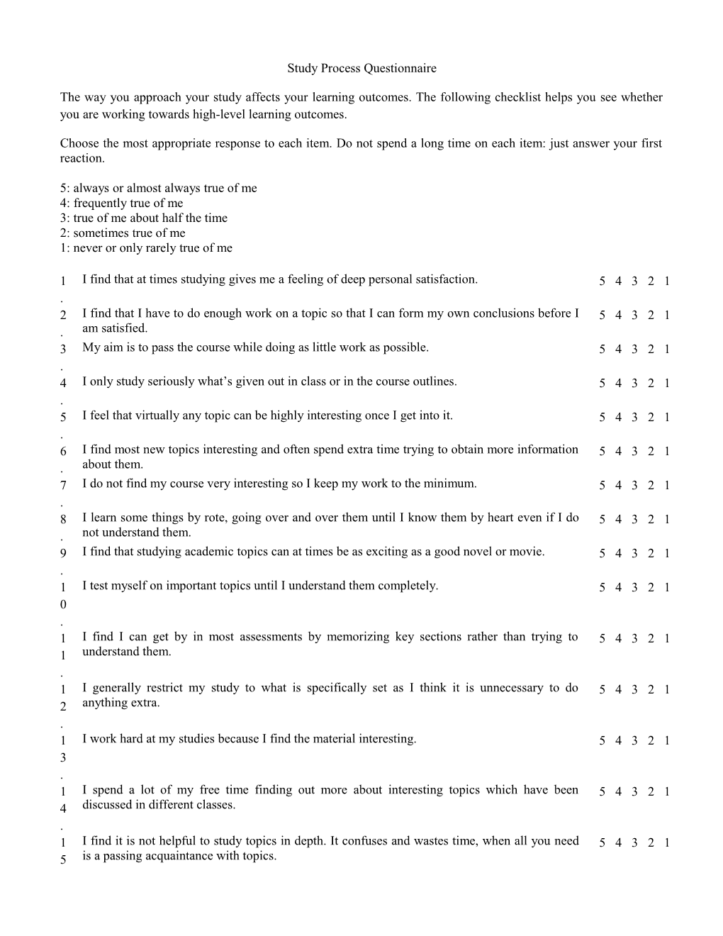 Study Process Questionnaire