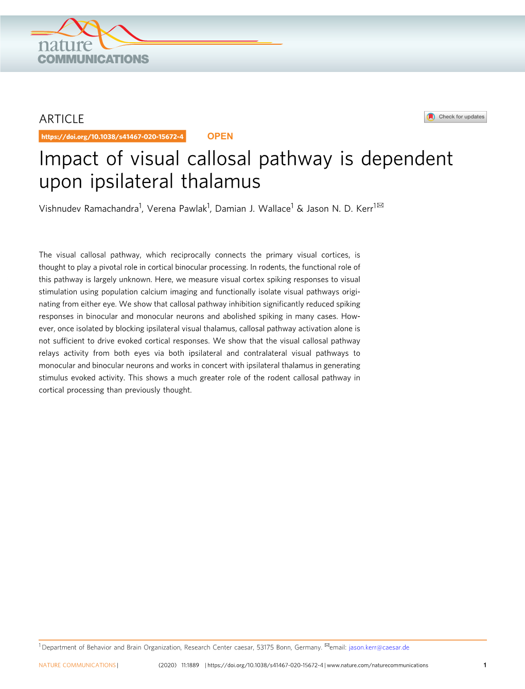 Impact of Visual Callosal Pathway Is Dependent Upon Ipsilateral Thalamus ✉ Vishnudev Ramachandra1, Verena Pawlak1, Damian J