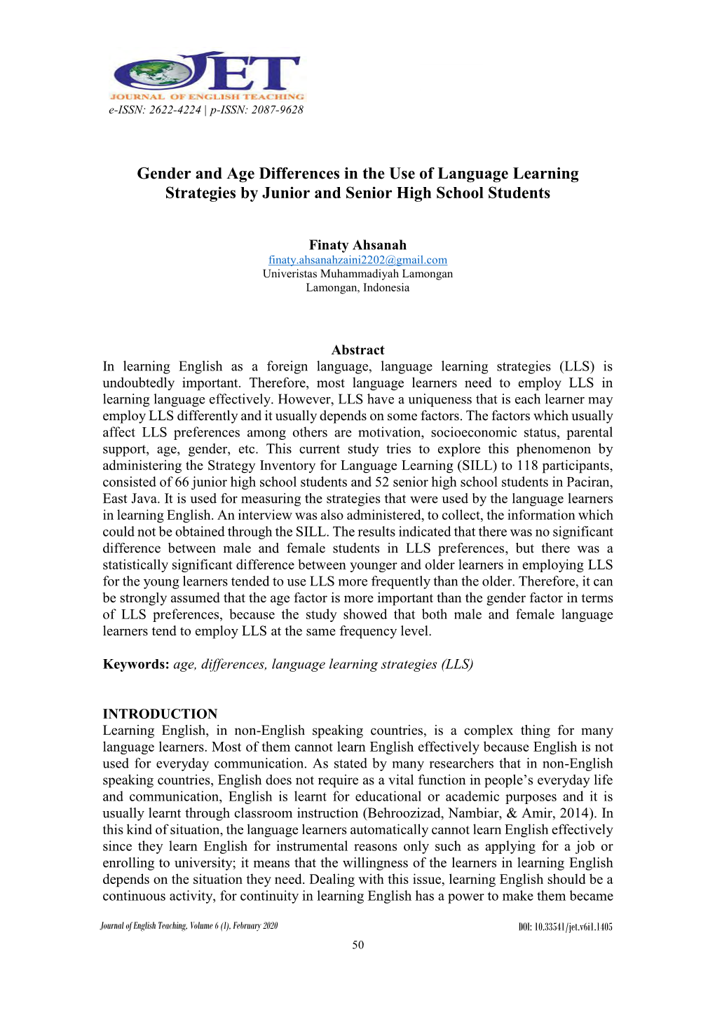 Gender and Age Differences in the Use of Language Learning Strategies by Junior and Senior High School Students