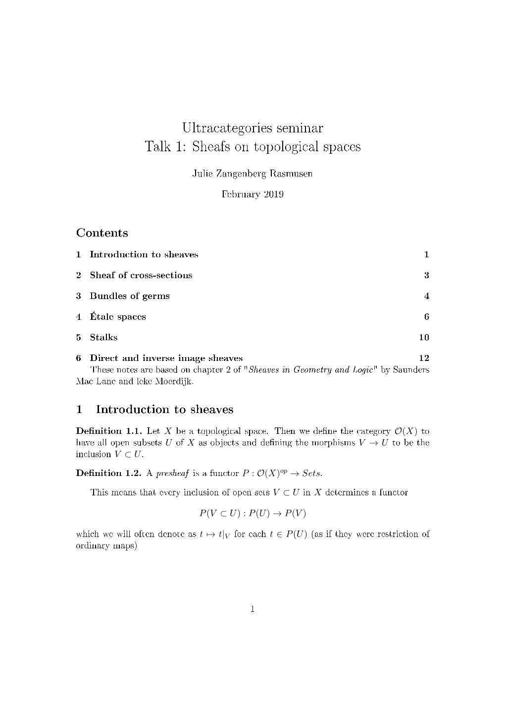 Ultracategories Seminar Talk 1: Sheafs on Topological Spaces