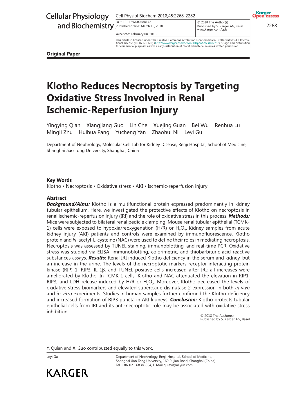 Klotho Reduces Necroptosis by Targeting Oxidative Stress Involved in Renal Ischemic-Reperfusion Injury