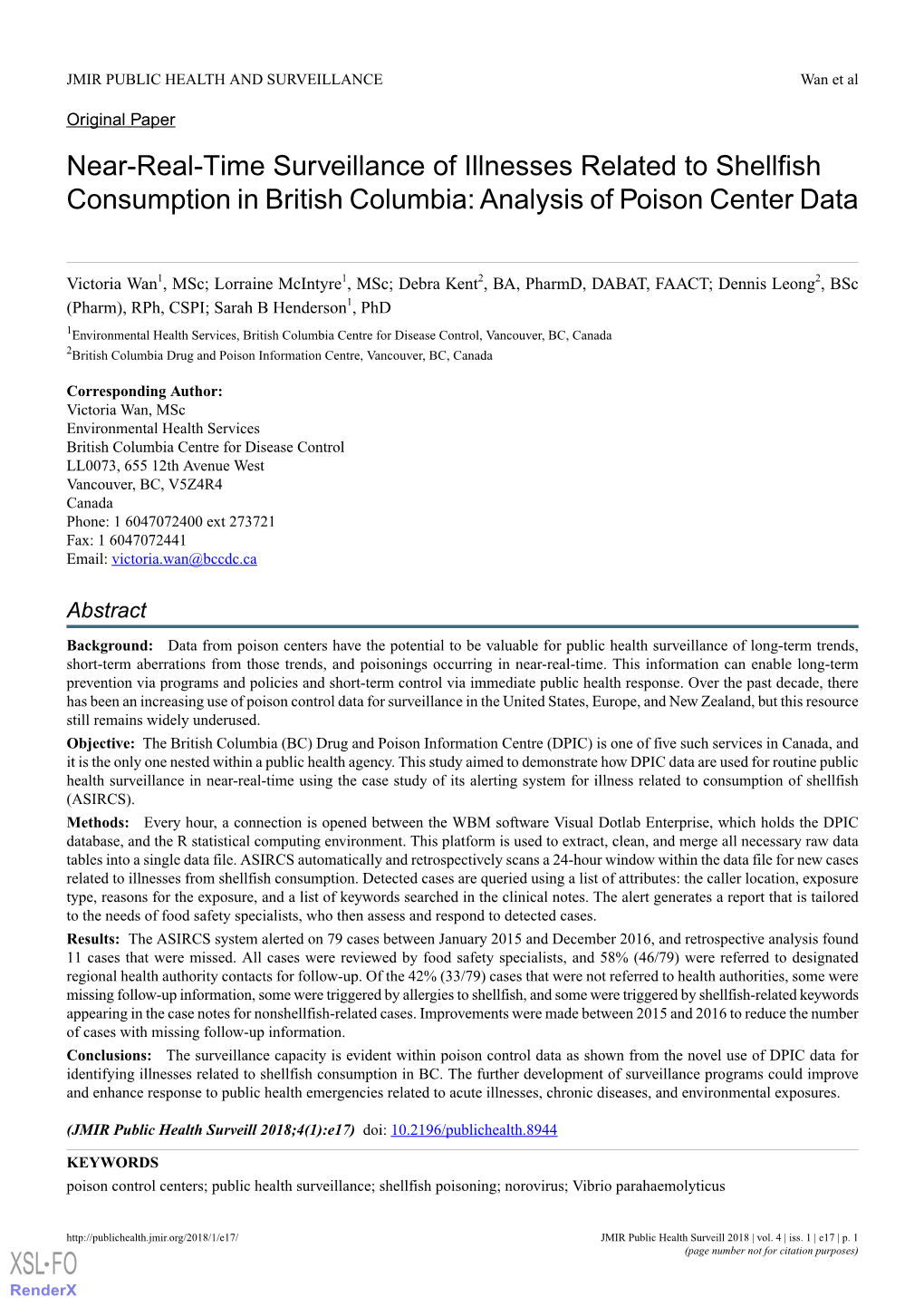 Near-Real-Time Surveillance of Illnesses Related to Shellfish Consumption in British Columbia: Analysis of Poison Center Data