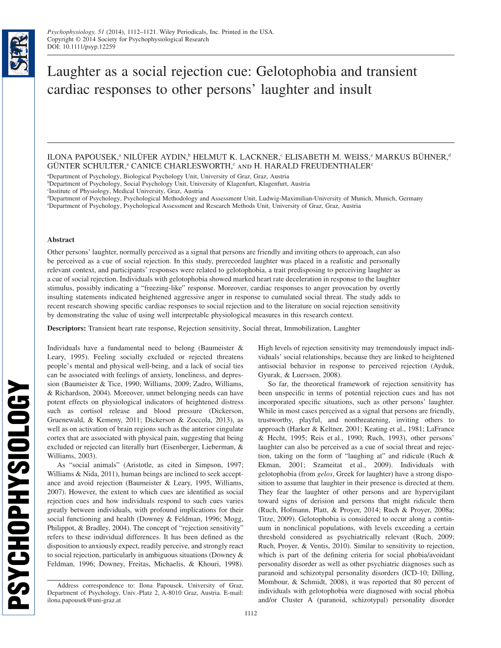 Laughter As a Social Rejection Cue: Gelotophobia and Transient Cardiac Responses to Other Persons’ Laughter and Insult