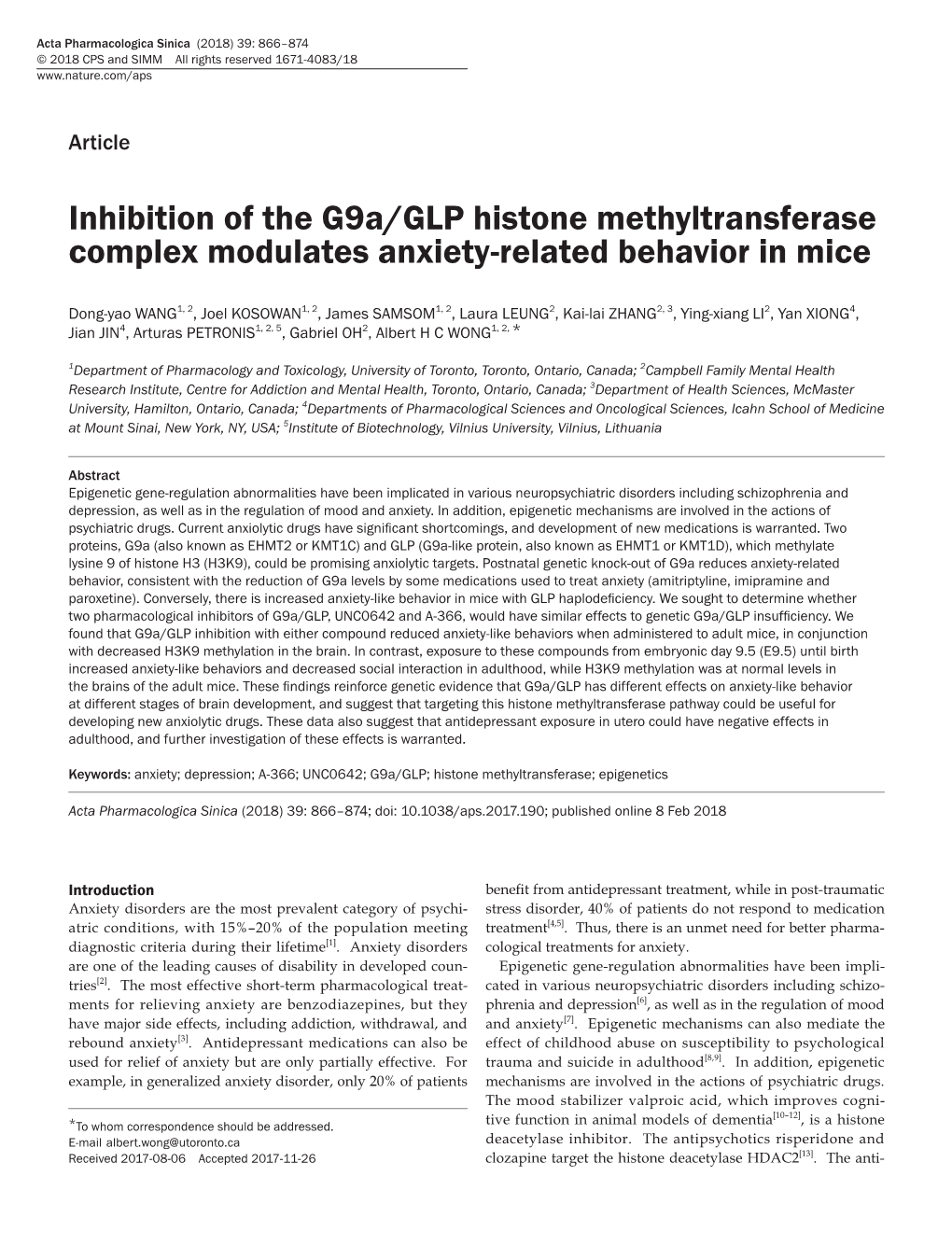 Inhibition of the G9a/GLP Histone Methyltransferase Complex Modulates Anxiety-Related Behavior in Mice