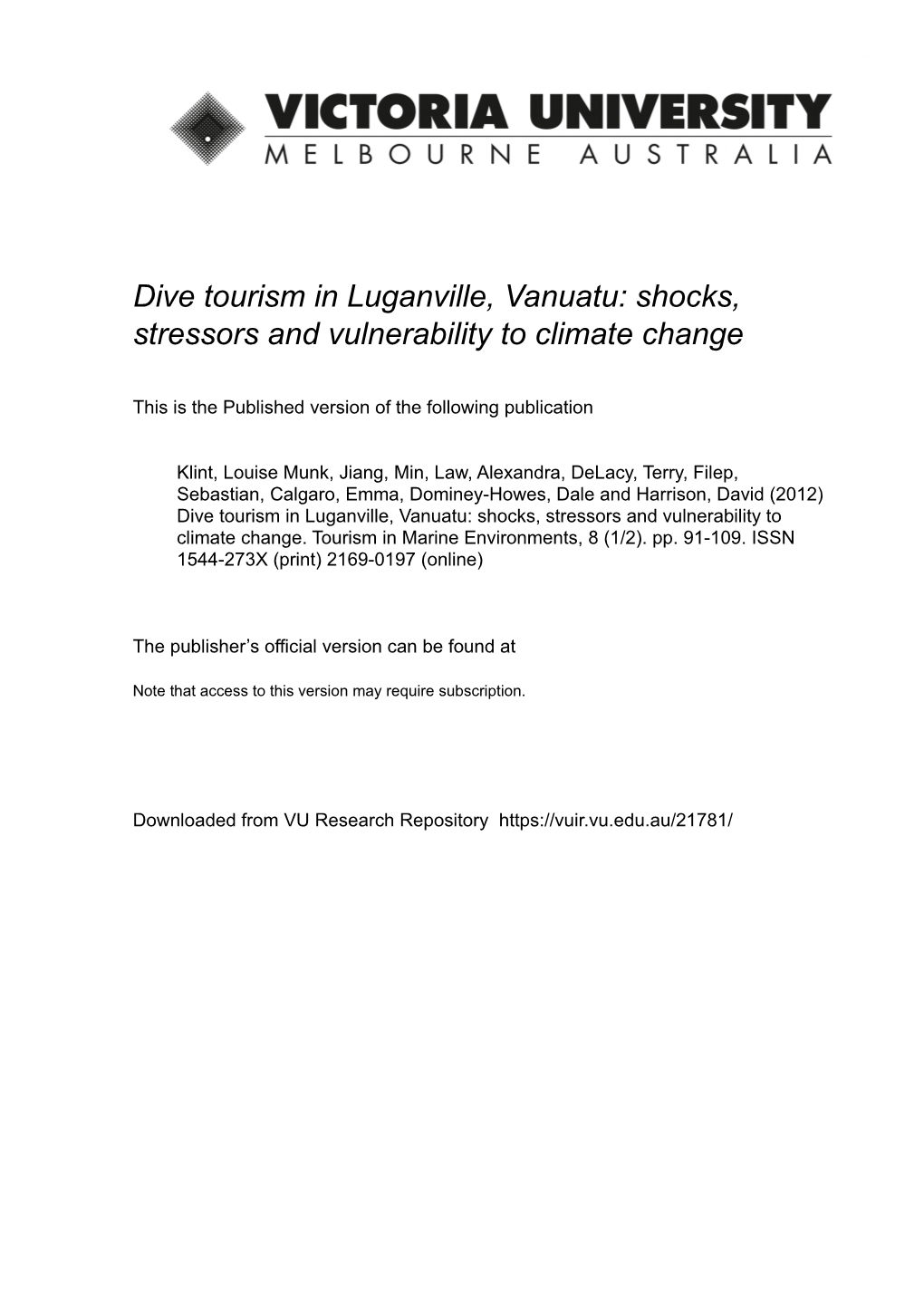 Dive Tourism in Luganville, Vanuatu: Shocks, Stressors and Vulnerability to Climate Change