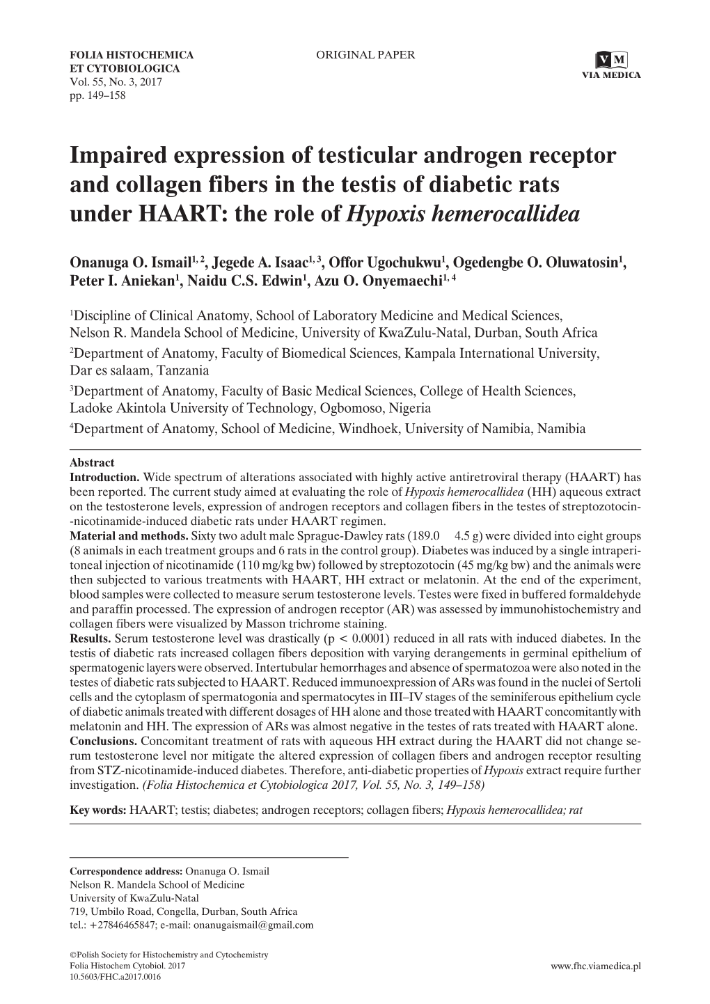 Impaired Expression of Testicular Androgen Receptor and Collagen Fibers in the Testis of Diabetic Rats Under HAART: the Role of Hypoxis Hemerocallidea