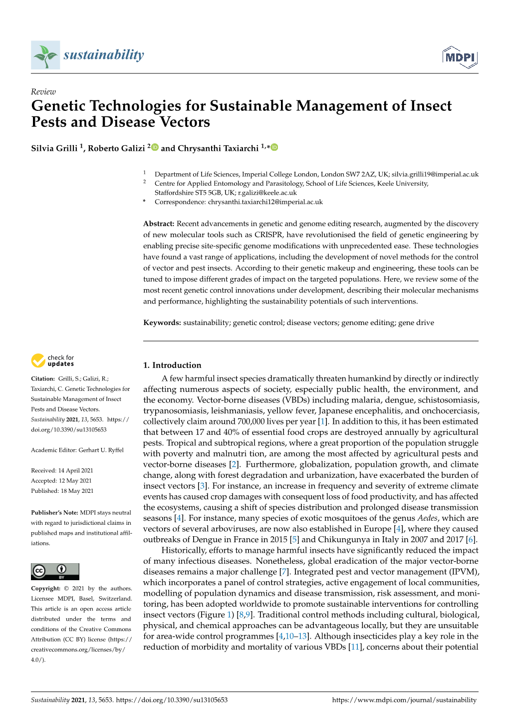 Genetic Technologies for Sustainable Management of Insect Pests and Disease Vectors