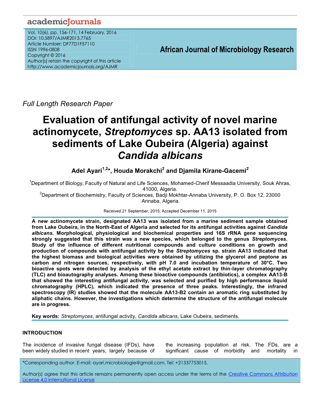 Evaluation of Antifungal Activity of Novel Marine Actinomycete, Streptomyces Sp