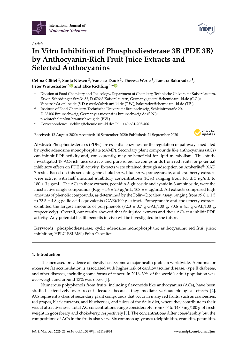 (PDE 3B) by Anthocyanin-Rich Fruit Juice Extracts and Selected Anthocyanins