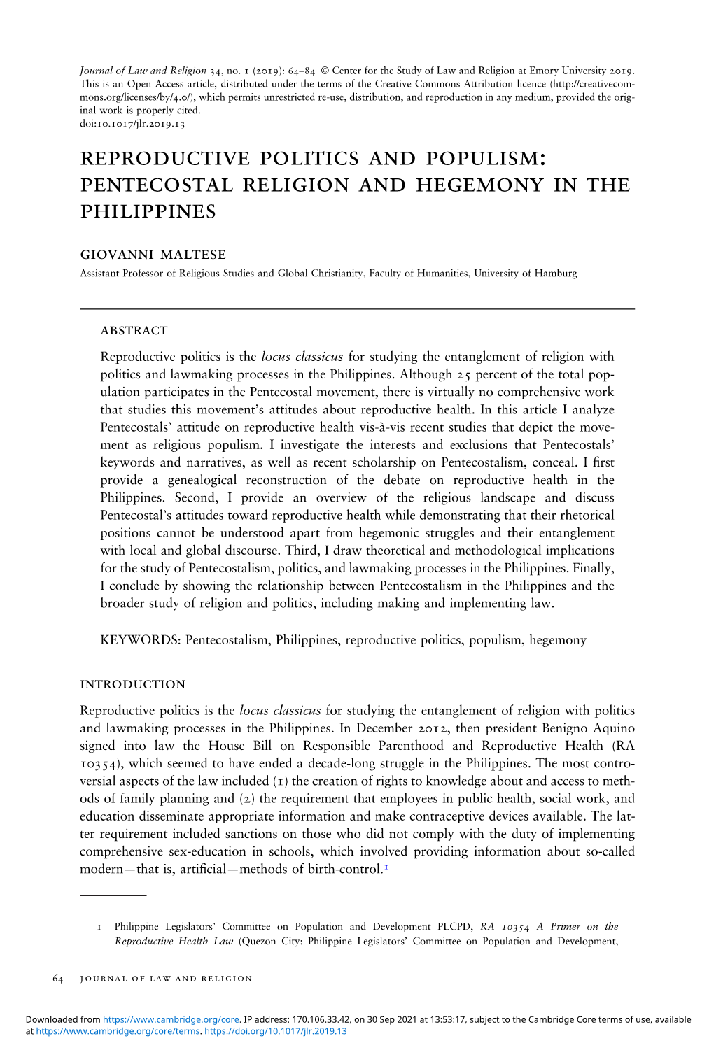 Reproductive Politics and Populism: Pentecostal Religion and Hegemony in the Philippines