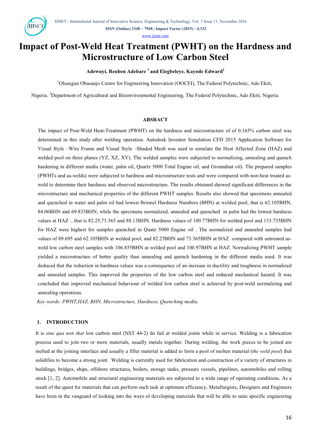 (PWHT) on the Hardness and Microstructure of Low Carbon Steel