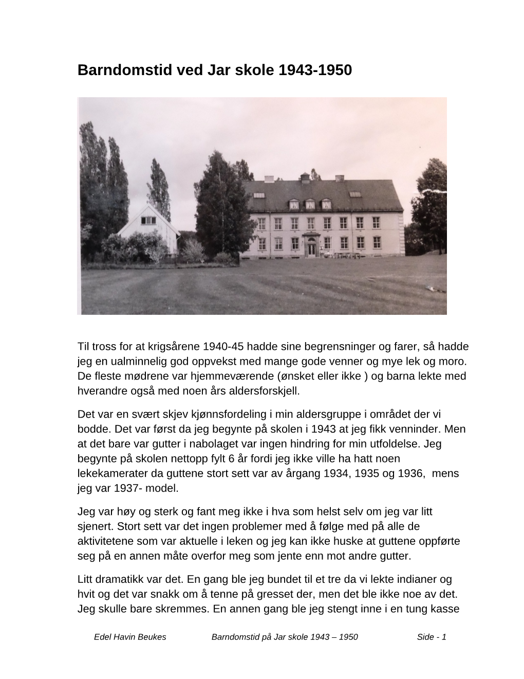 Barndomstid Ved Jar Skole 1943-1950