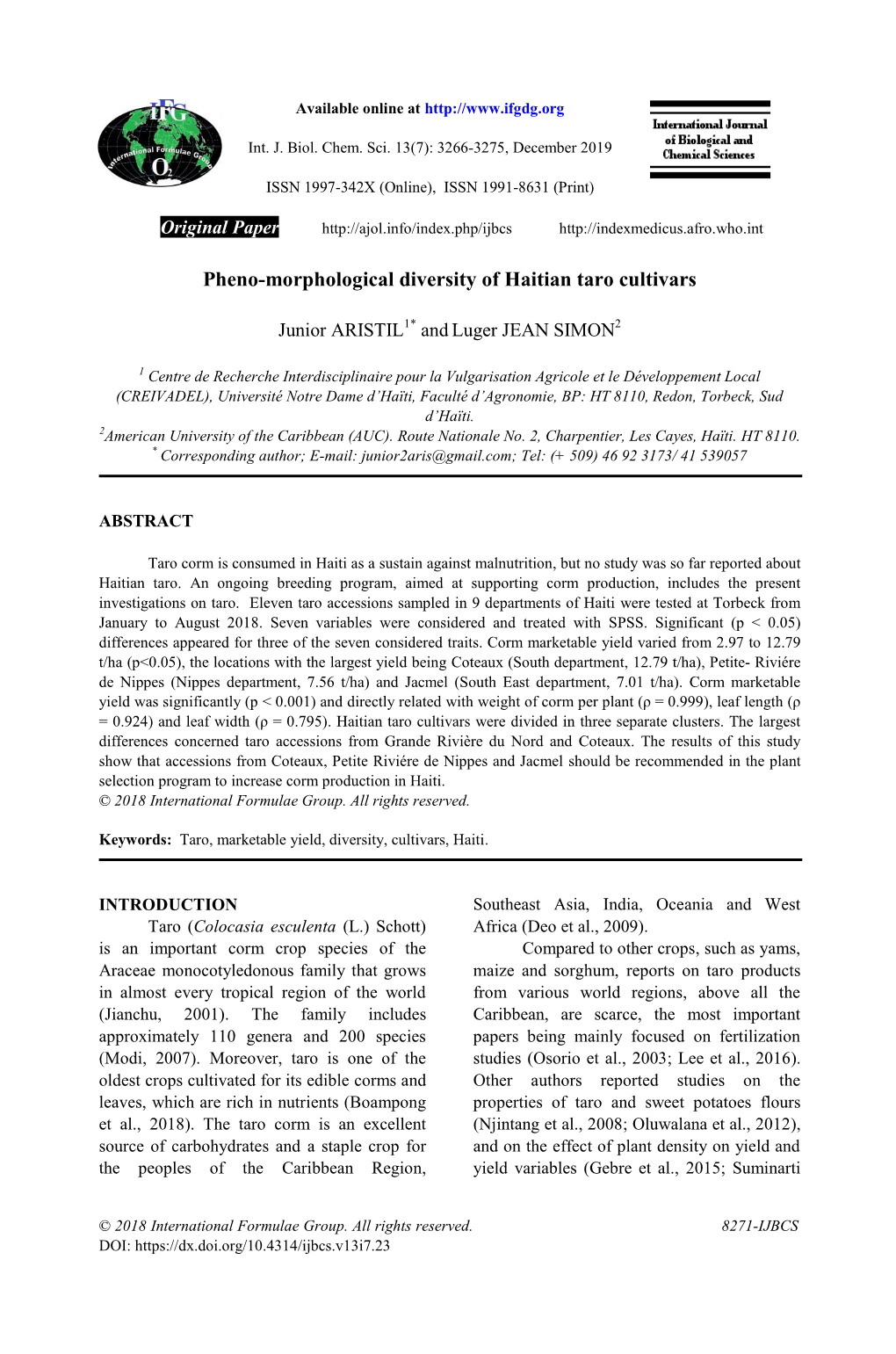 Pheno-Morphological Diversity of Haitian Taro Cultivars