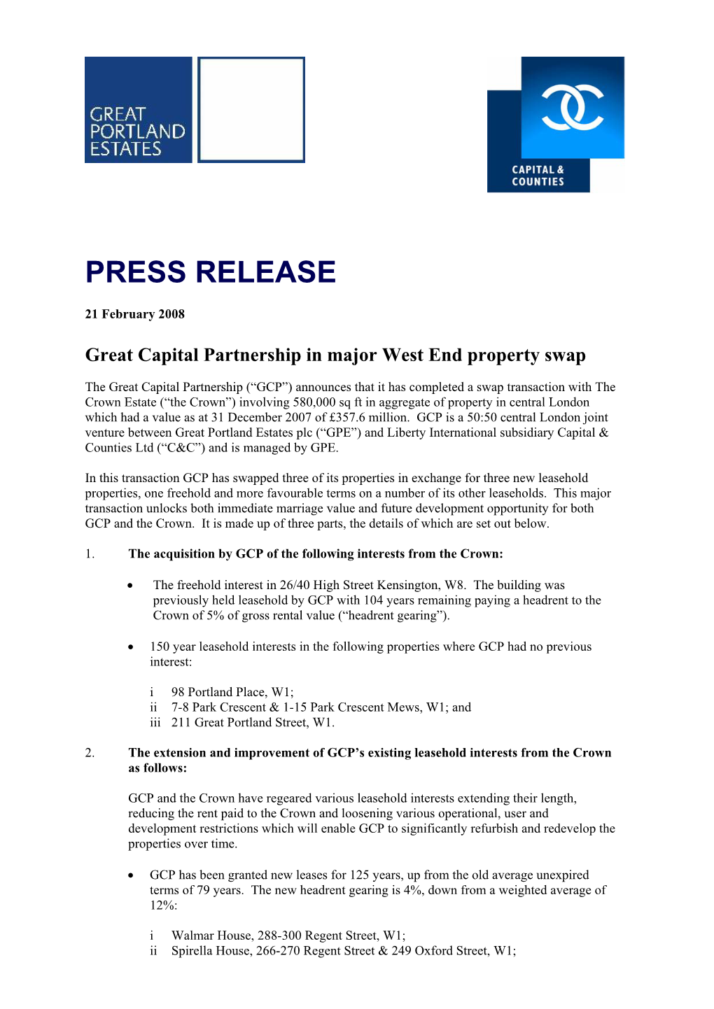 Press Release Great Capital Partnership in Major West End