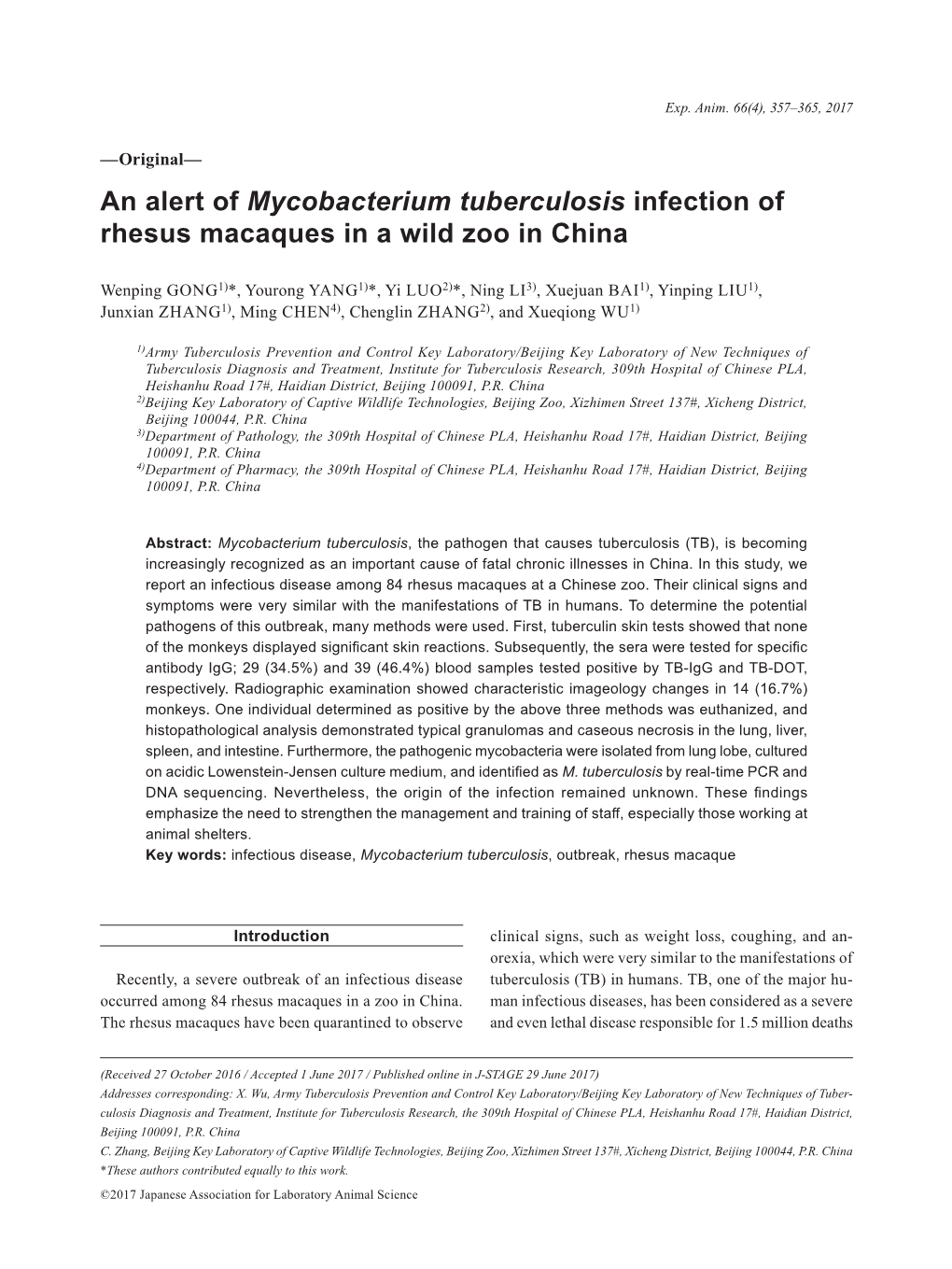 An Alert of Mycobacterium Tuberculosis Infection of Rhesus Macaques in a Wild Zoo in China