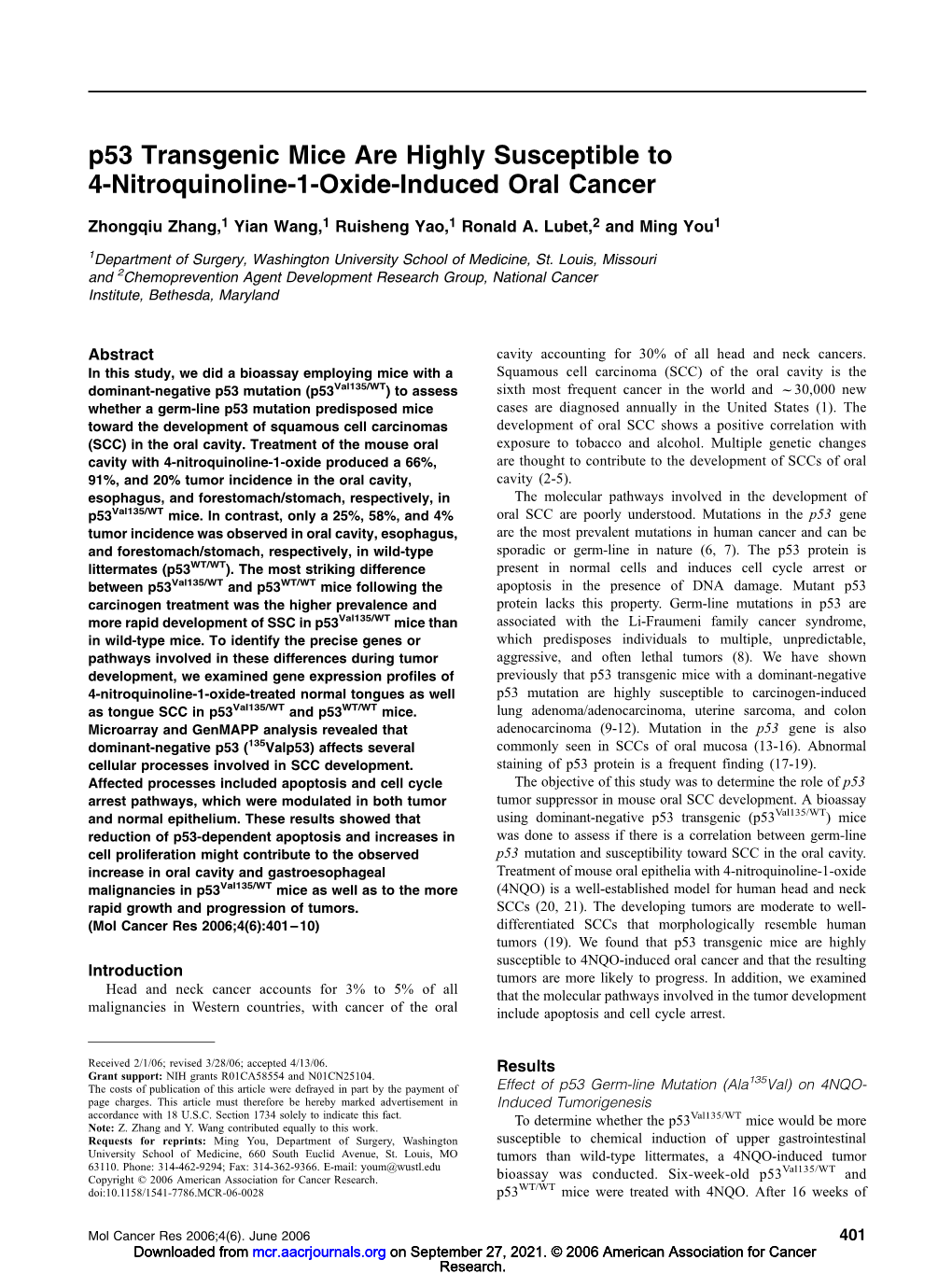 P53 Transgenic Mice Are Highly Susceptible to 4-Nitroquinoline-1-Oxide-Induced Oral Cancer