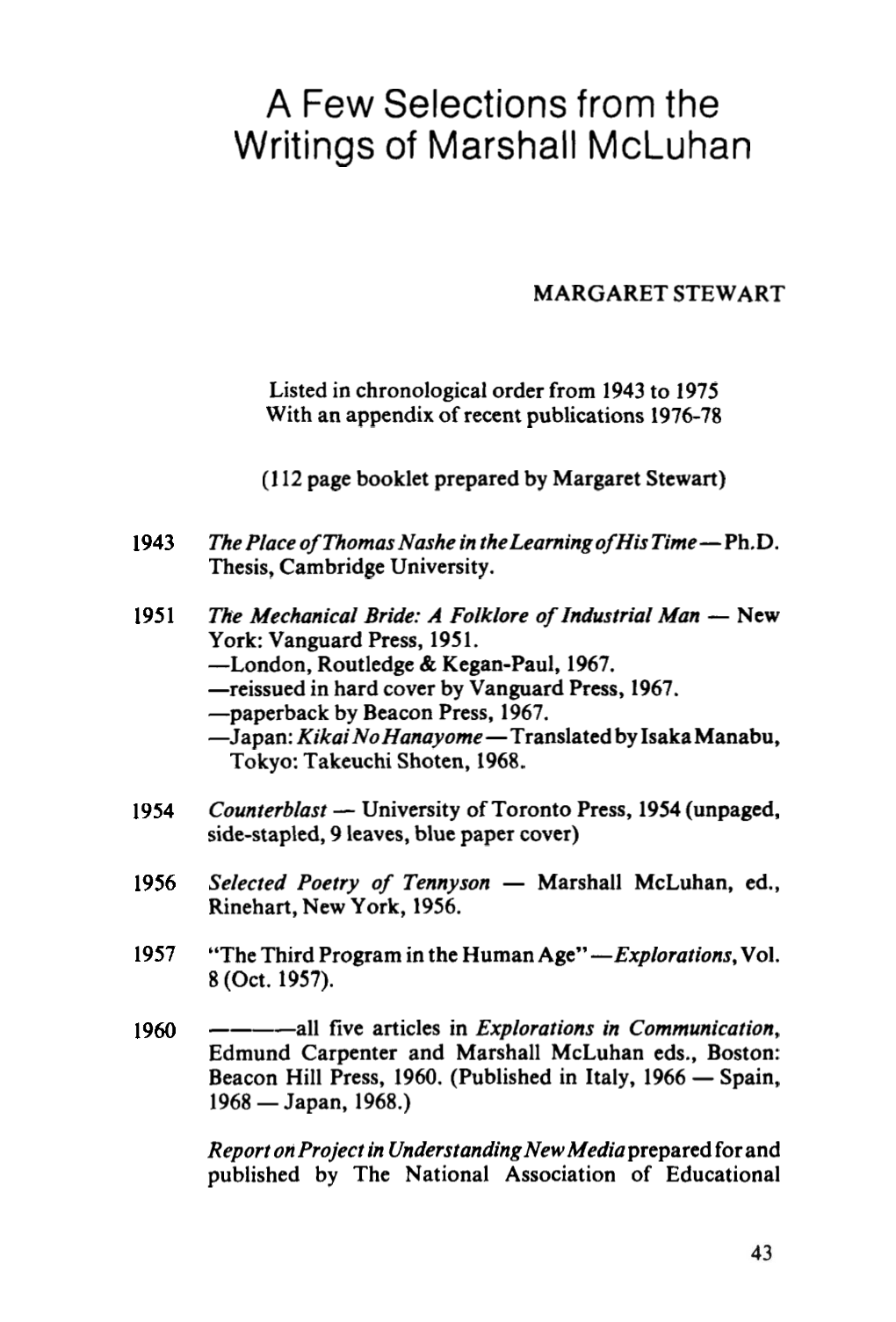 A Few Selections from the Writings of Marshall Mcluhan