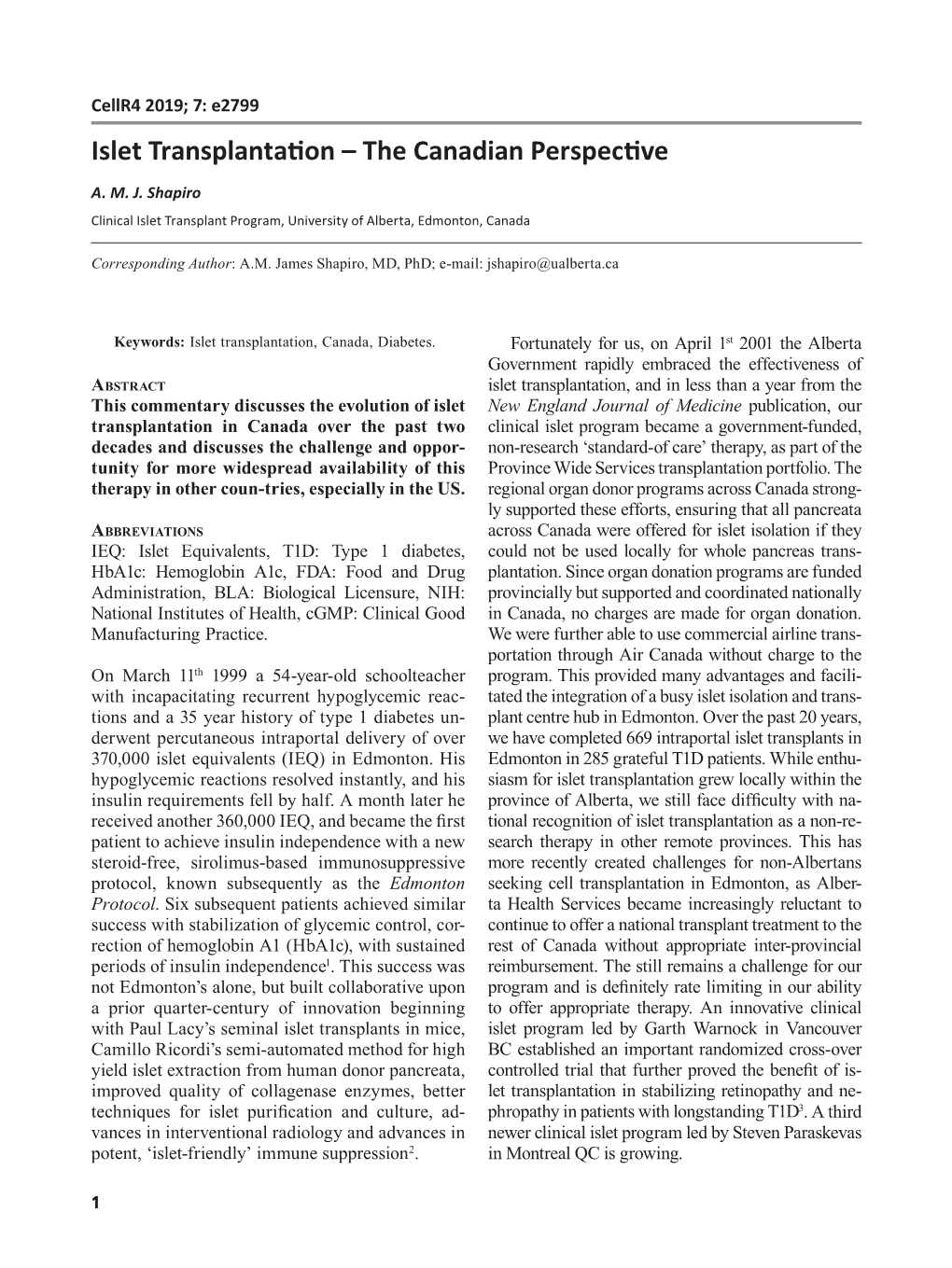 Islet Transplantation – the Canadian Perspective