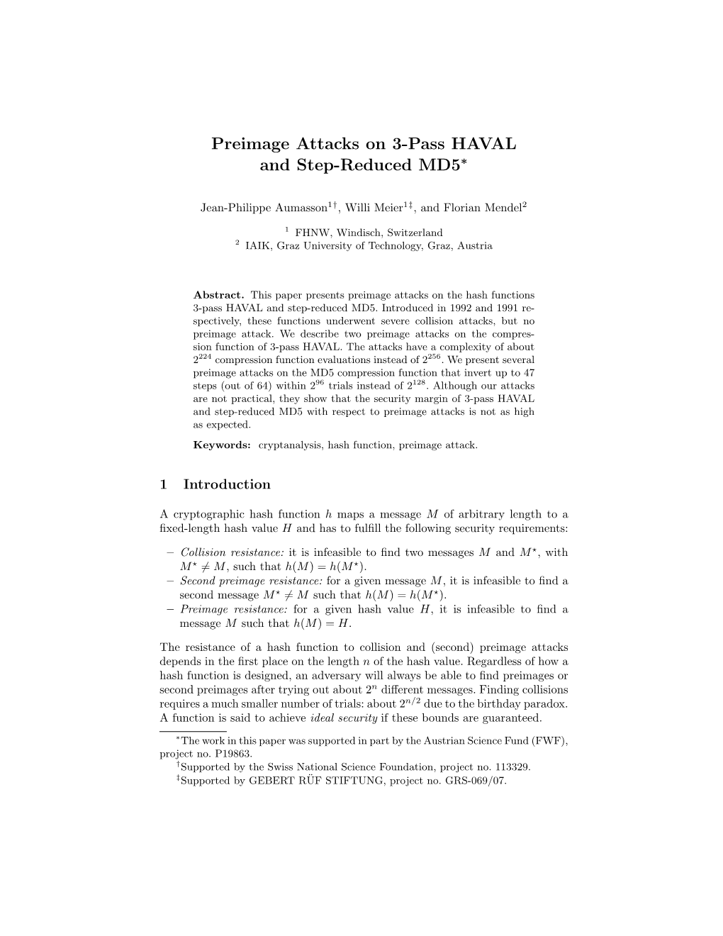 Preimage Attacks on 3-Pass HAVAL and Step-Reduced MD5∗