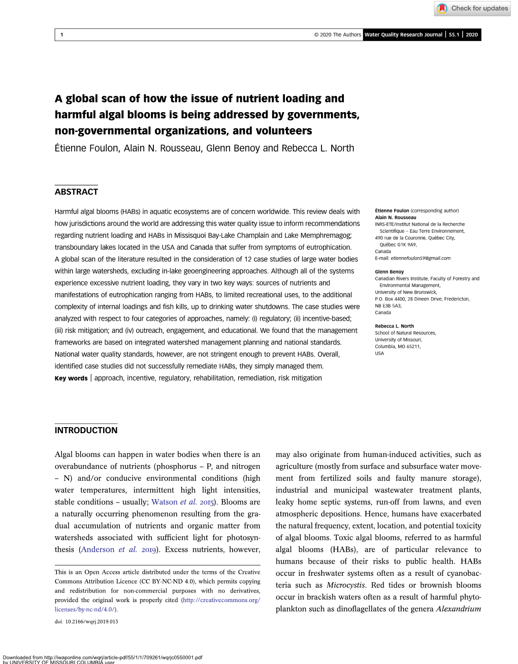 A Global Scan of How the Issue of Nutrient Loading and Harmful Algal Blooms Is Being Addressed by Governments, Non-Governmental