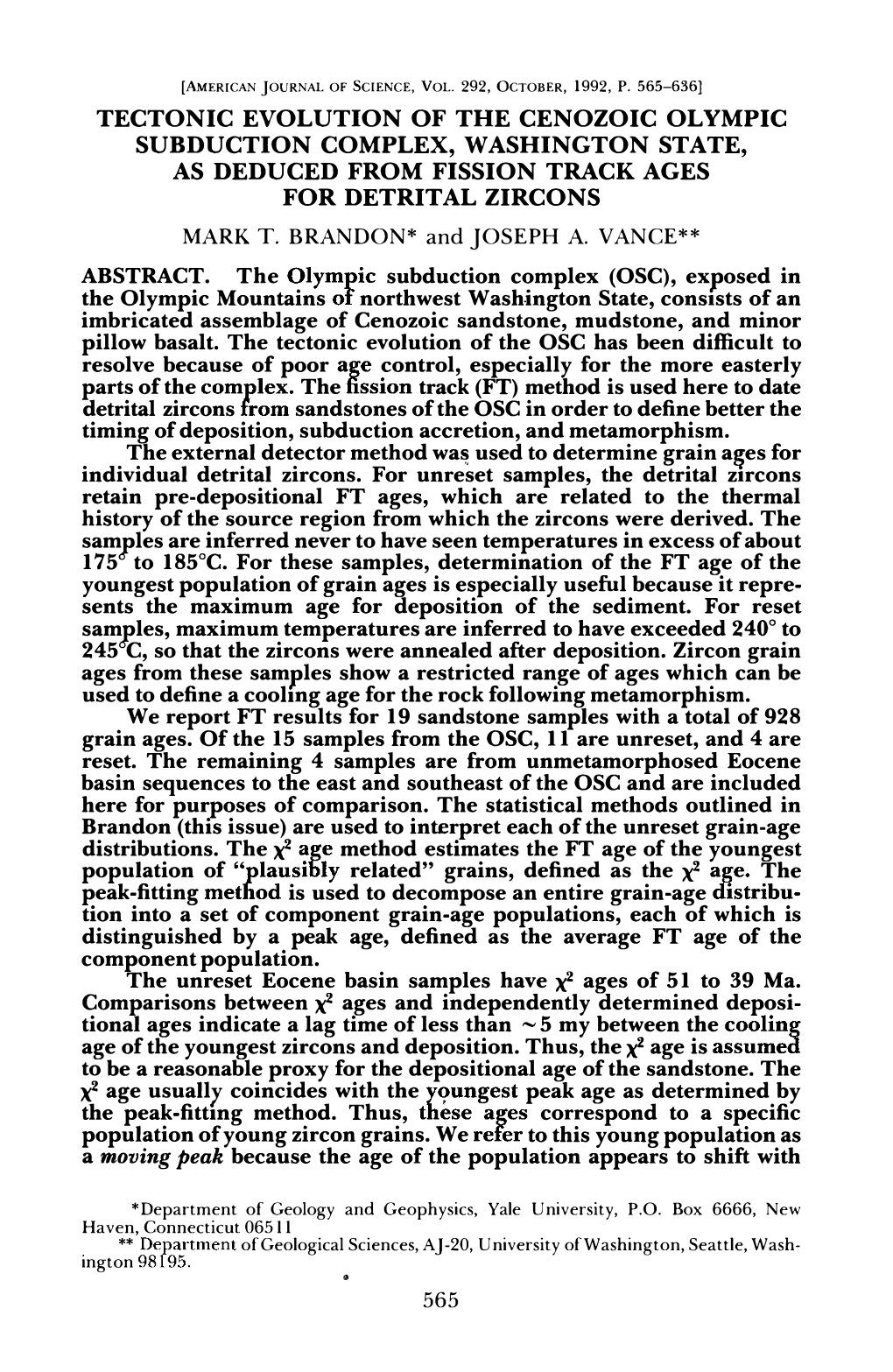 Tectonic Evolution of the Cenozoic Olympic Subduction Complex, Washington State, As Deduced from Fission Track Ages for Detrital Zircons Mark T