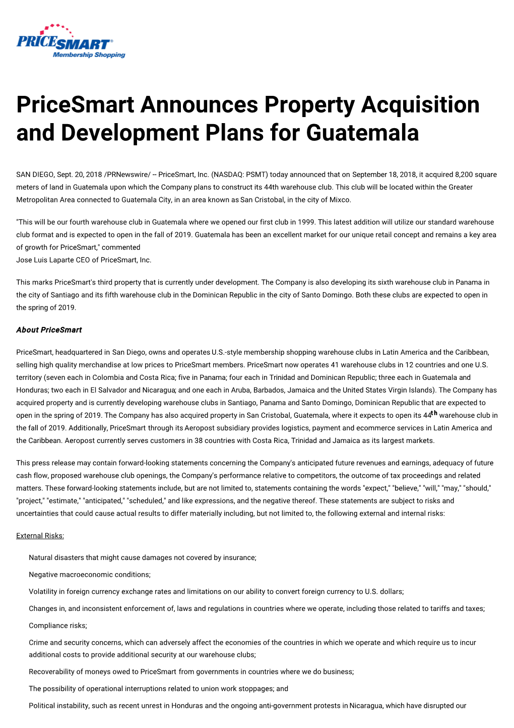 Pricesmart Announces Property Acquisition and Development Plans for Guatemala