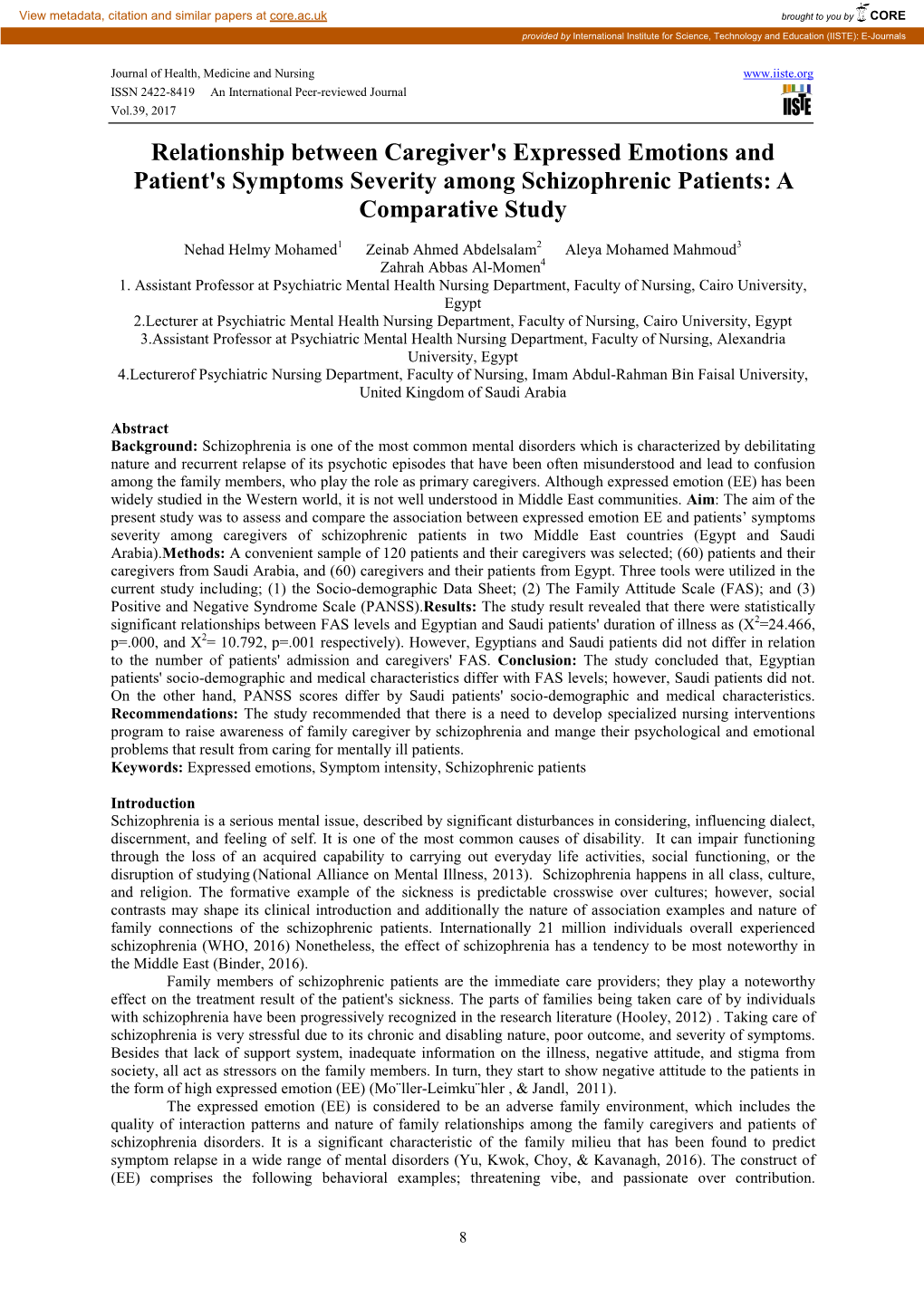 Relationship Between Caregiver's Expressed Emotions and Patient's Symptoms Severity Among Schizophrenic Patients: a Comparative Study