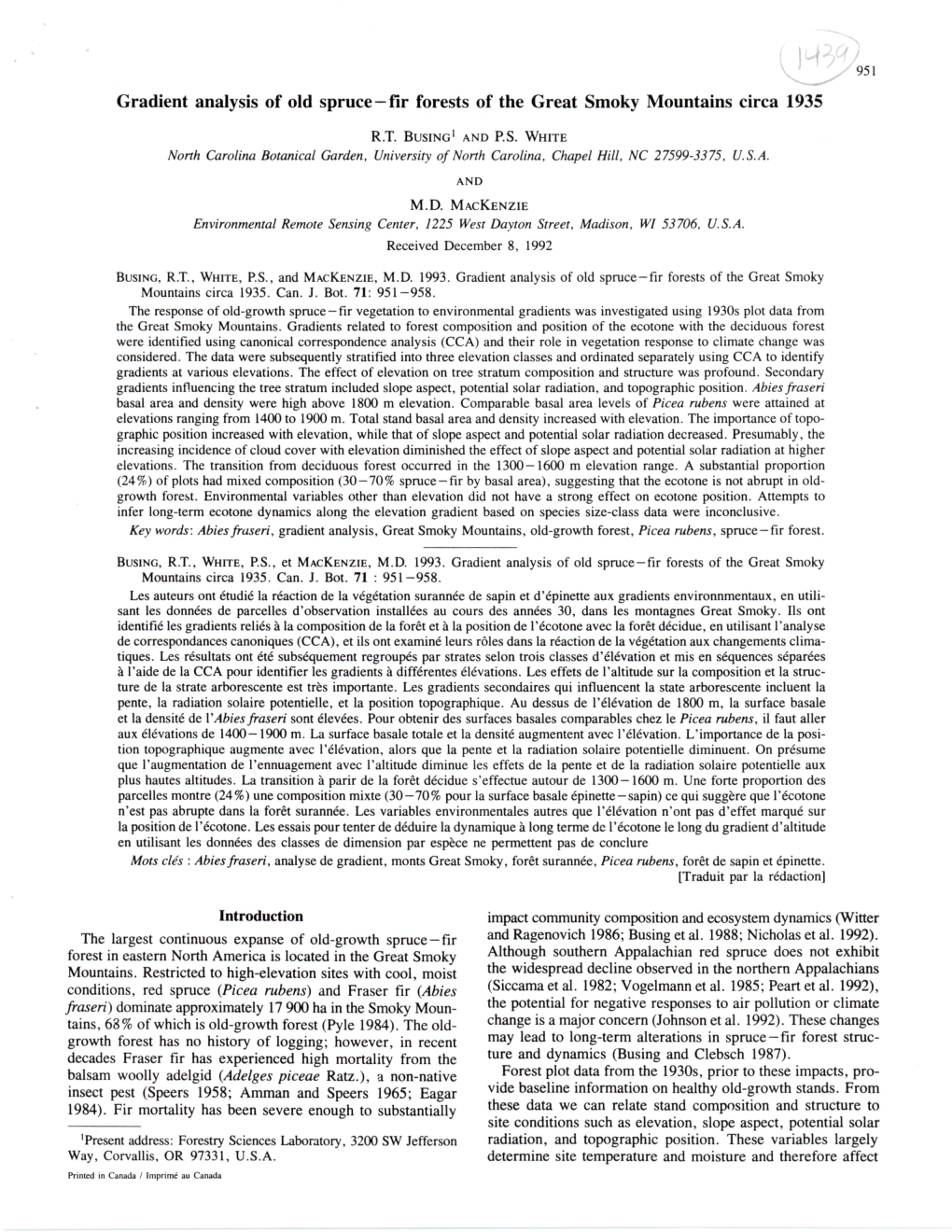 Gradient Analysis of Old Spruce — Fir Forests of the Great Smoky Mountains Circa 1935