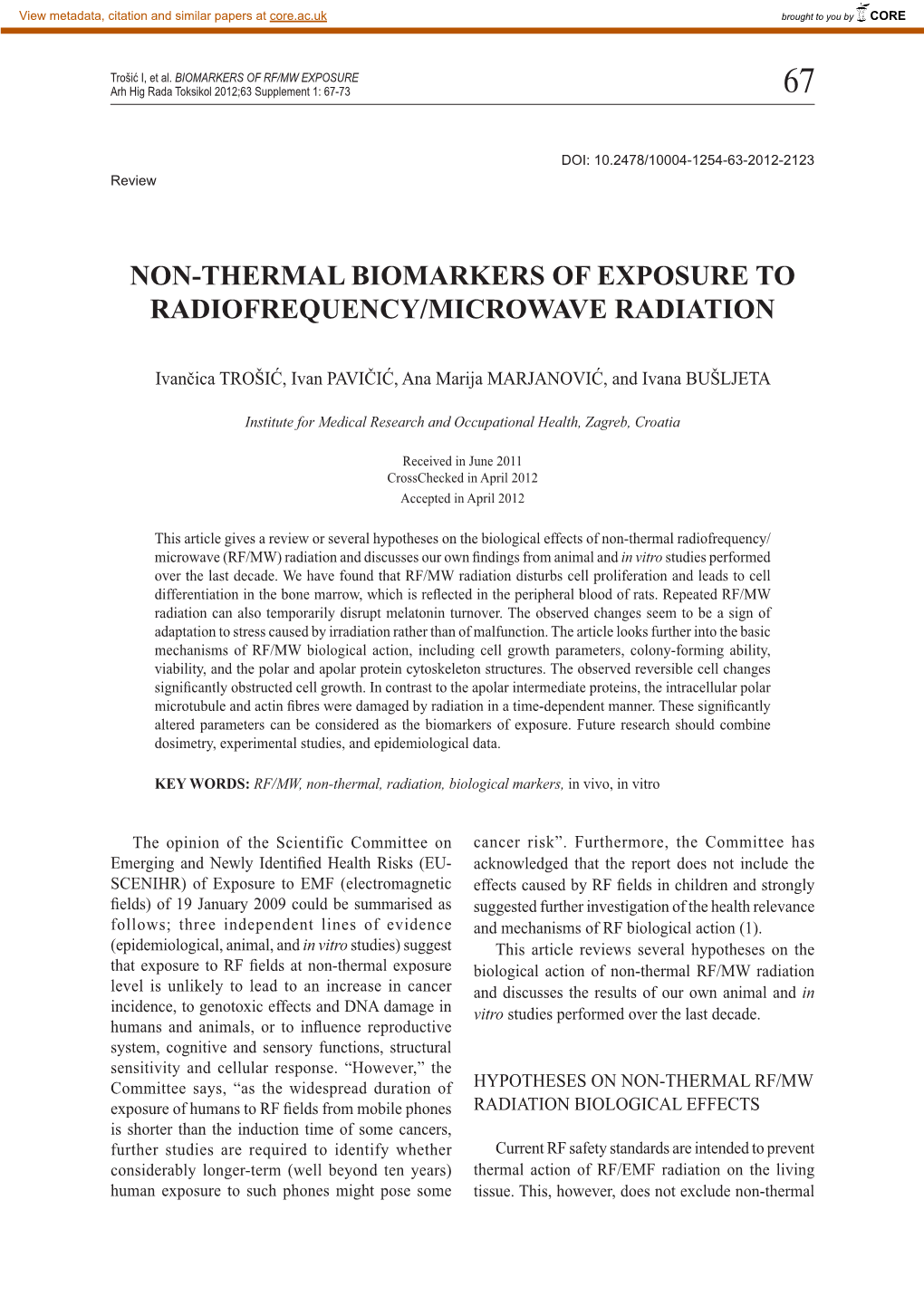 Non-Thermal Biomarkers of Exposure to Radiofrequency/Microwave Radiation