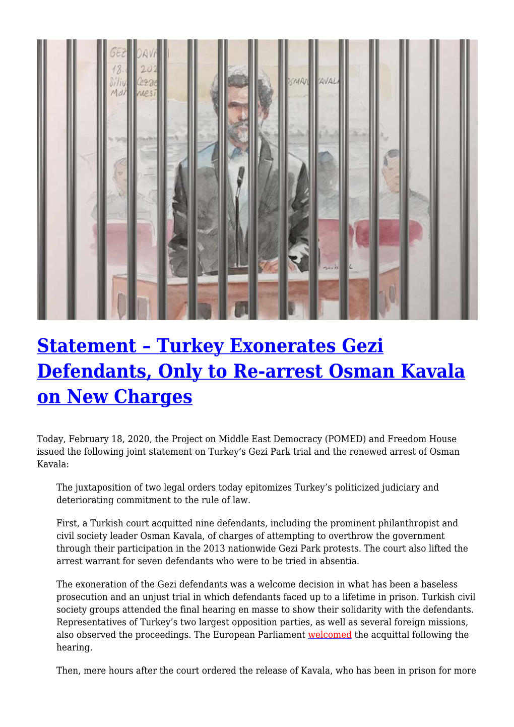 Statement – Turkey Exonerates Gezi Defendants, Only to Re-Arrest Osman Kavala on New Charges