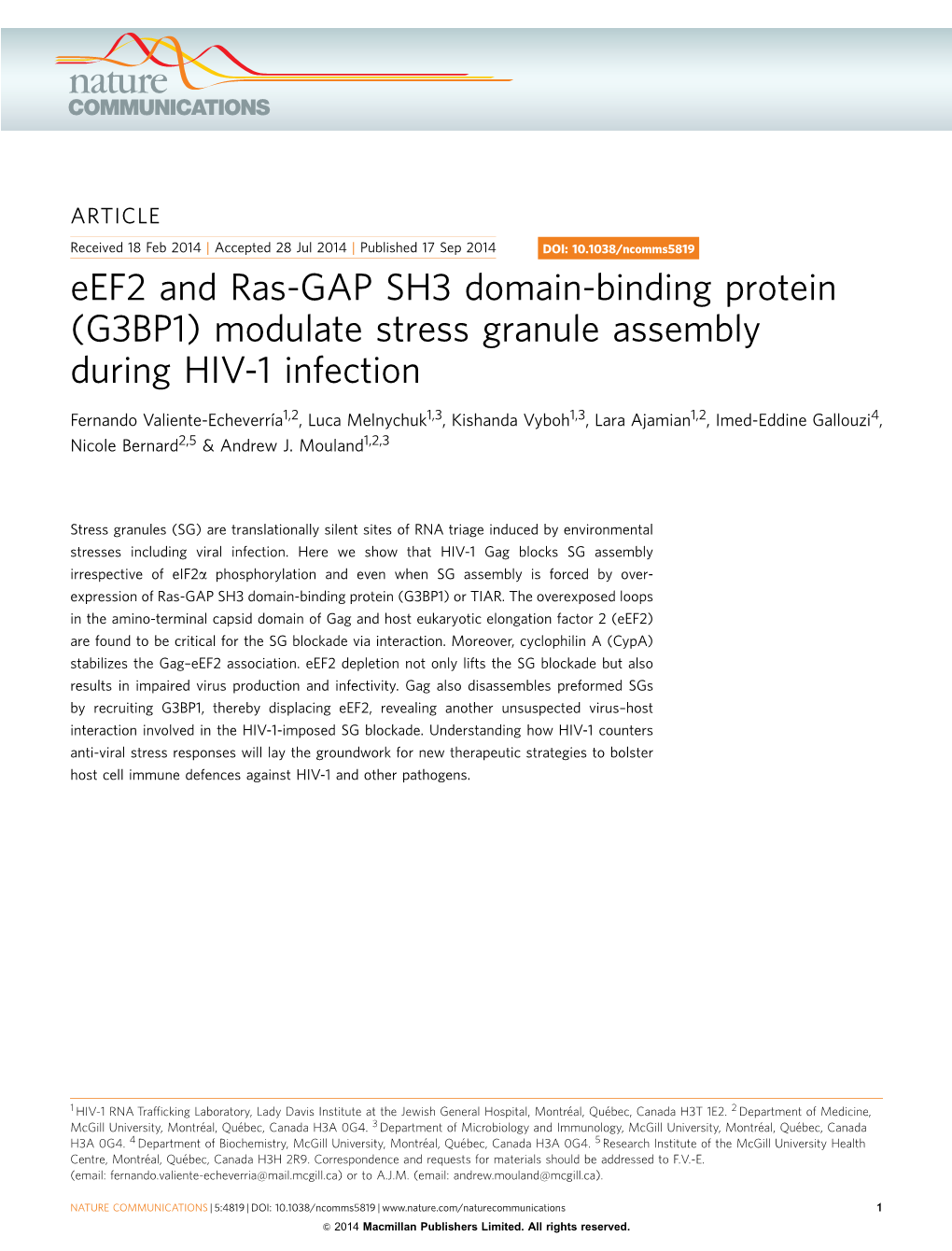 Eef2 and Ras-GAP SH3 Domain-Binding Protein (G3BP1) Modulate Stress Granule Assembly During HIV-1 Infection