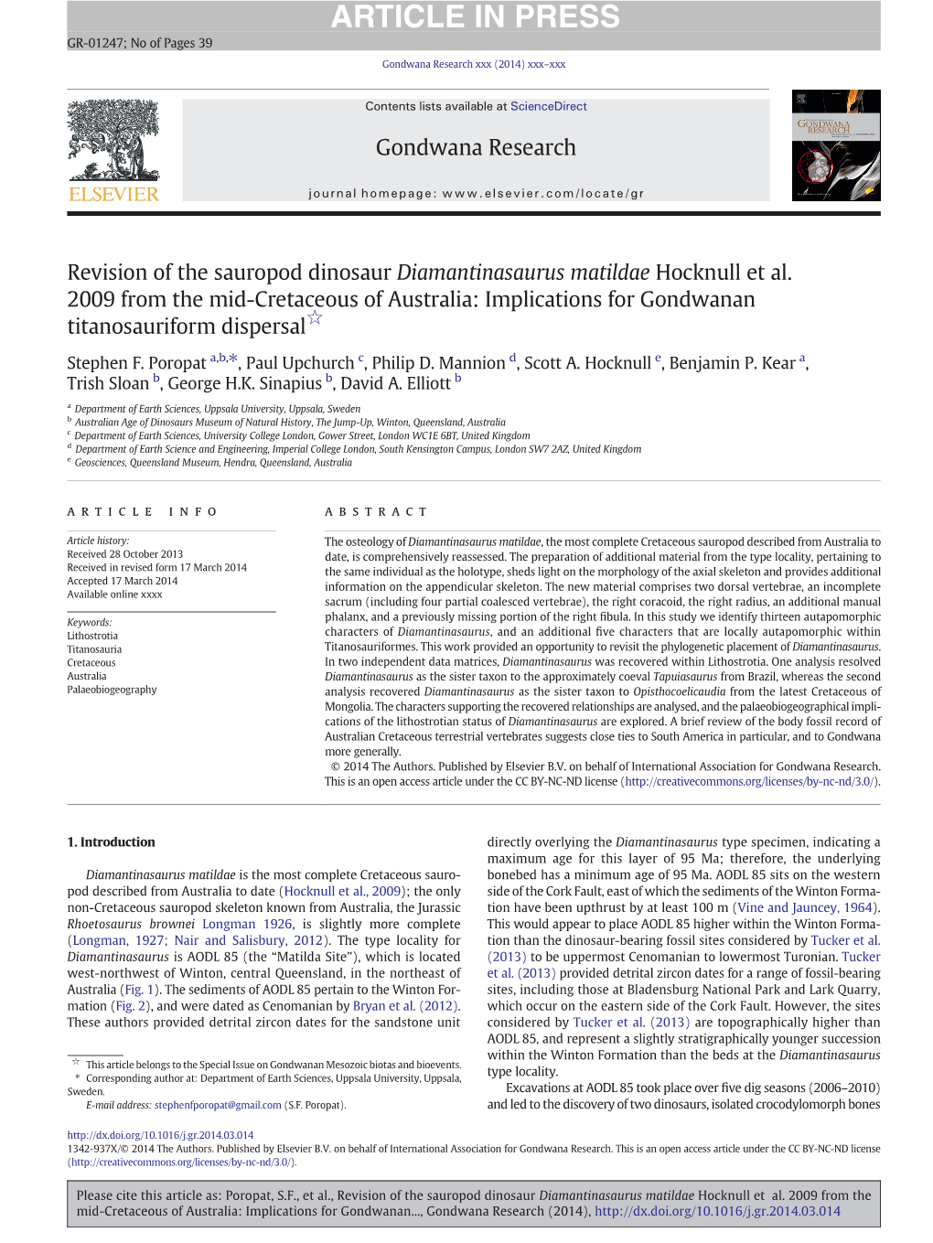 Revision of the Sauropod Dinosaur Diamantinasaurus Matildae Hocknull Et Al