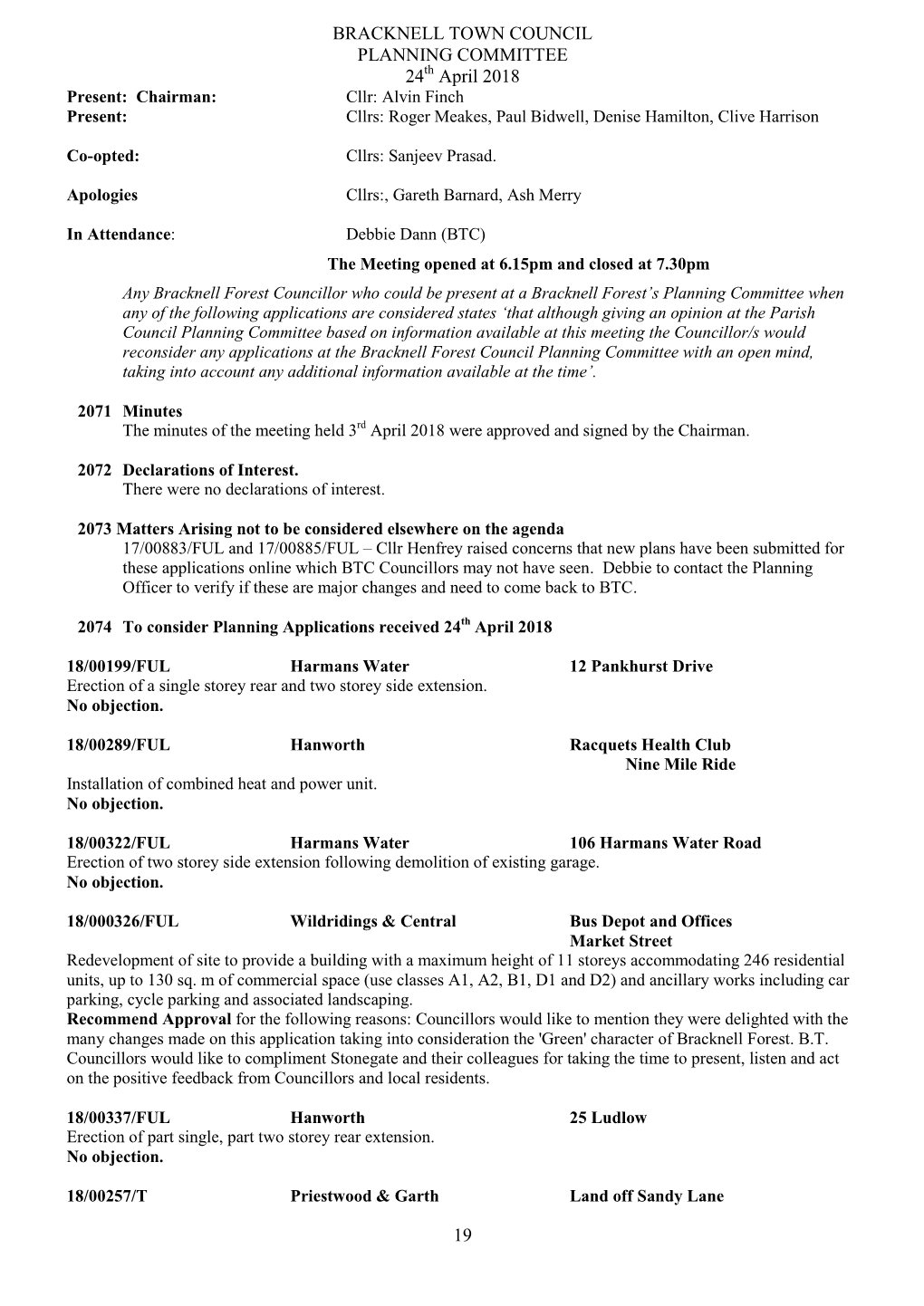 BRACKNELL TOWN COUNCIL PLANNING COMMITTEE 24 April