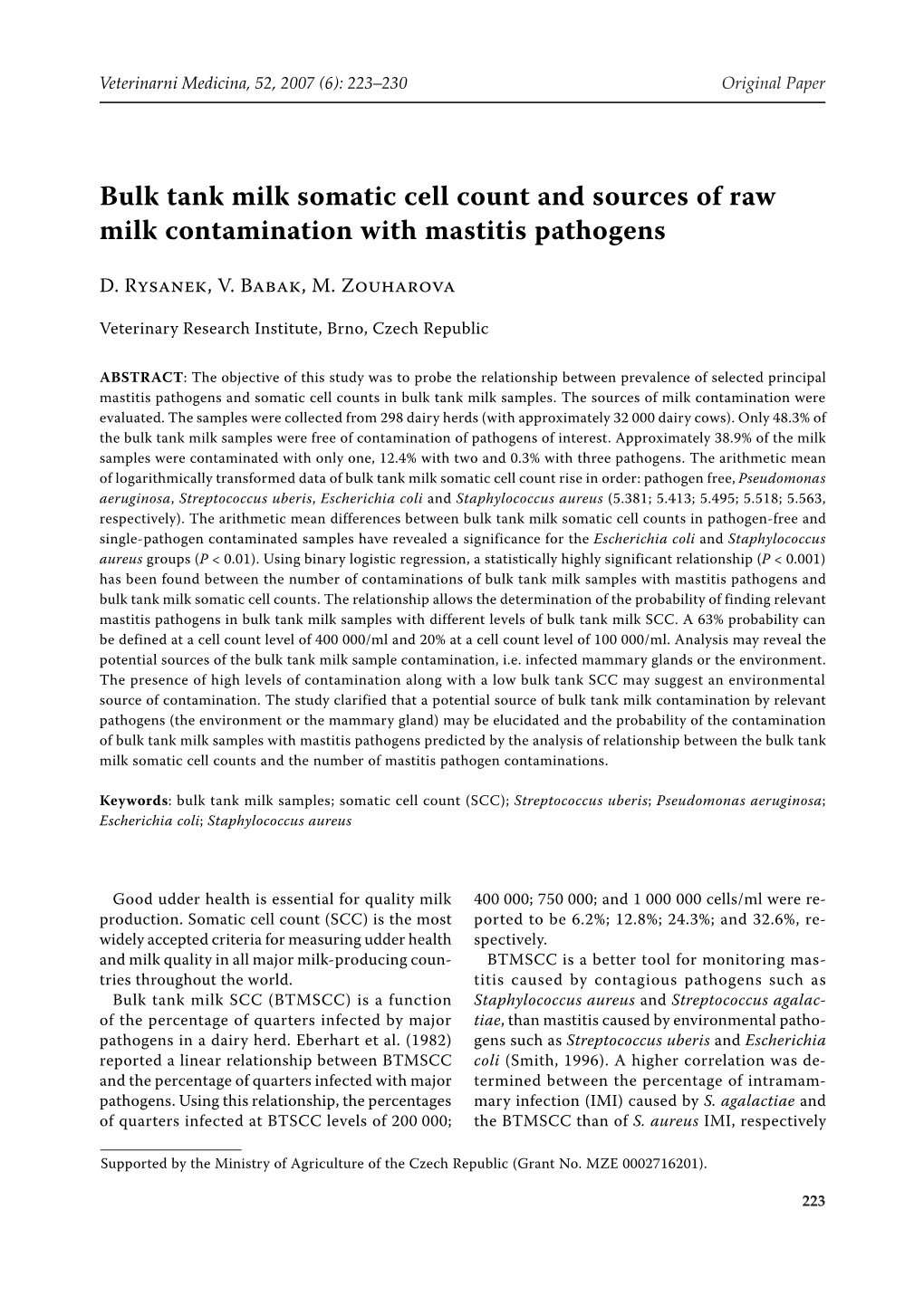 Bulk Tank Milk Somatic Cell Count and Sources of Raw Milk Contamination with Mastitis Pathogens