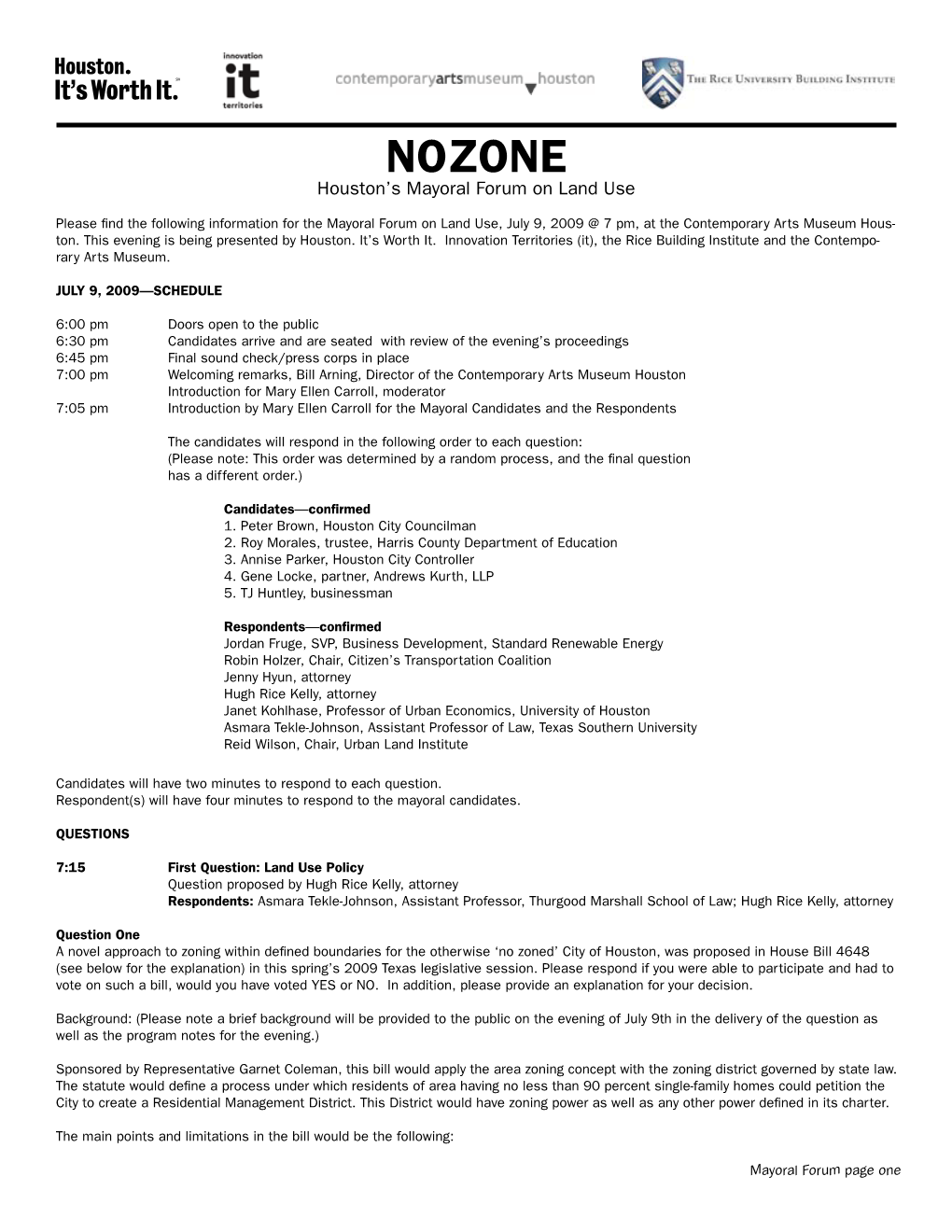 NOZONE Houston’S Mayoral Forum on Land Use